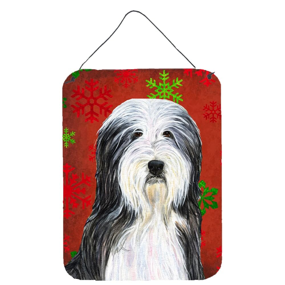 Caroline's Treasures Bearded Collie Dog Christmas Metal Sign - Red & Green Snowflake Holiday Wall Decor for Kitchen, Bathroom, Bar, Front Door - Durable Aluminum Plaque for Home & Office Decoration