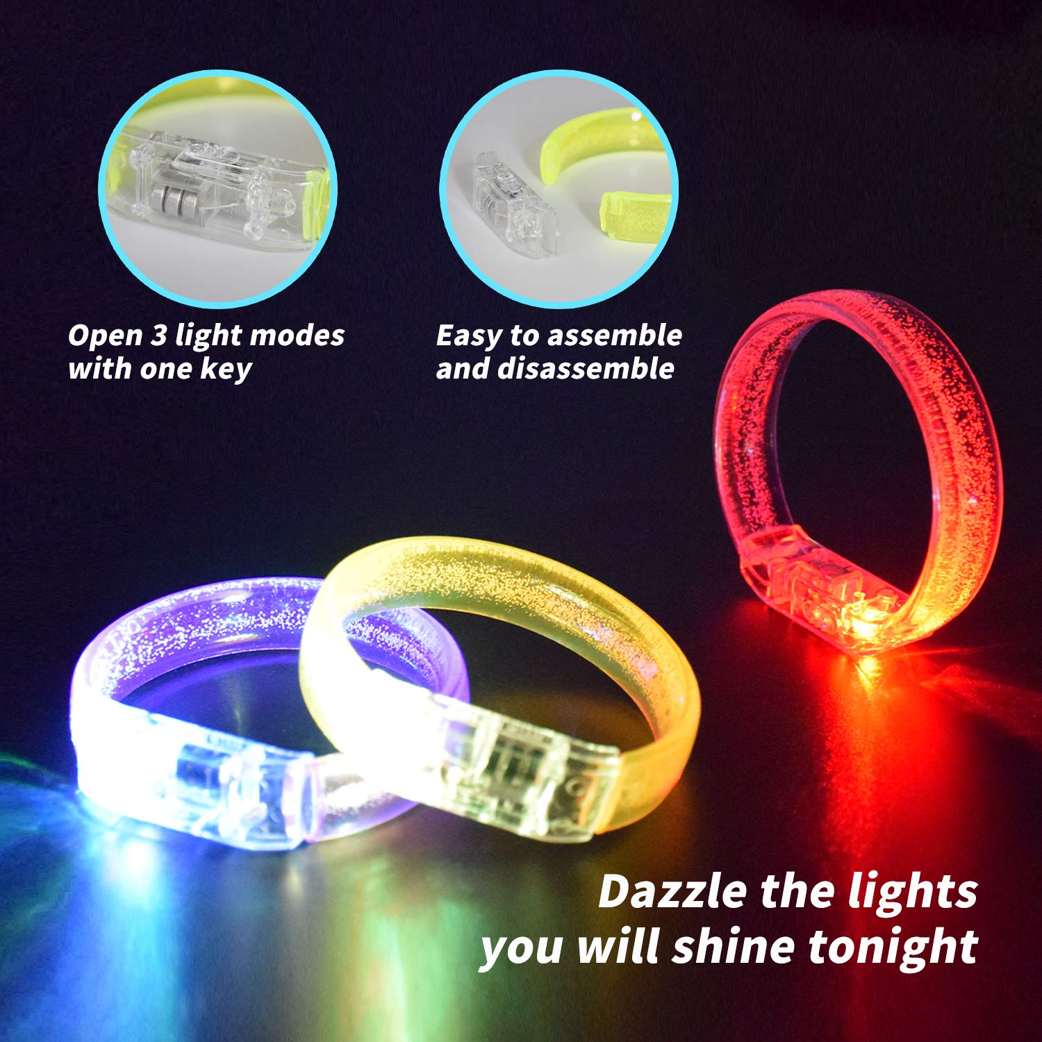 14pcs Glow in The Dark Bracelets with 14pcs Spare Batteries - LED Party Bracelets for Kids, Rave, Concerts & Night Events - Glow Jewelry for Halloween, Birthday Parties & Festivals