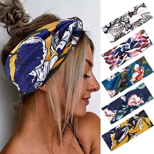Boho Headbands for Women - 5 Pack Criss Cross No Slip Elastic Hair Bands, Fashionable Wide Headbands for Everyday Wear, Yoga, Workouts and Casual Styling
