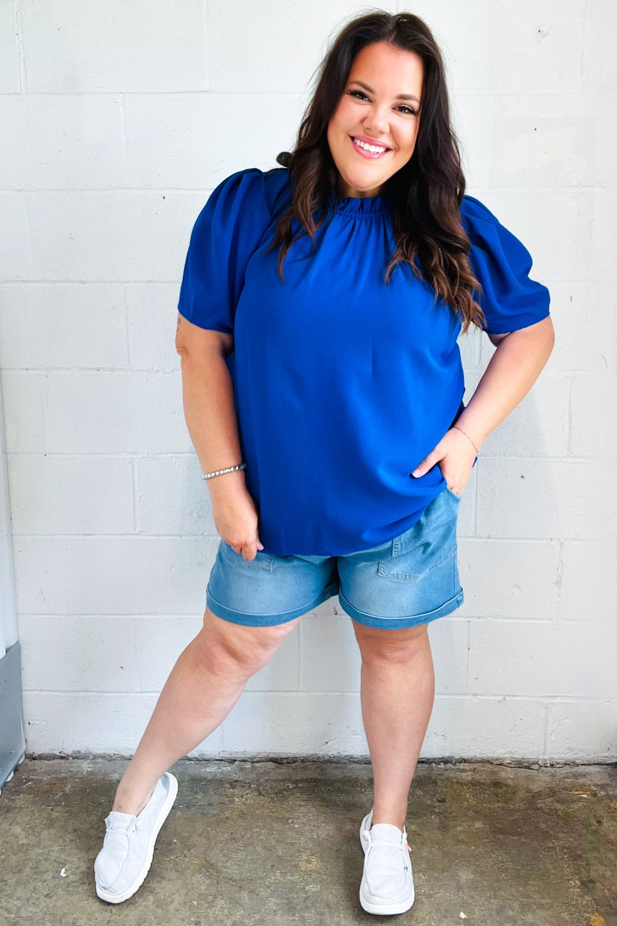 Stylish Blue Frill Mock Neck Woven Top for Women - Perfect for Holiday Parties & Casual Outings