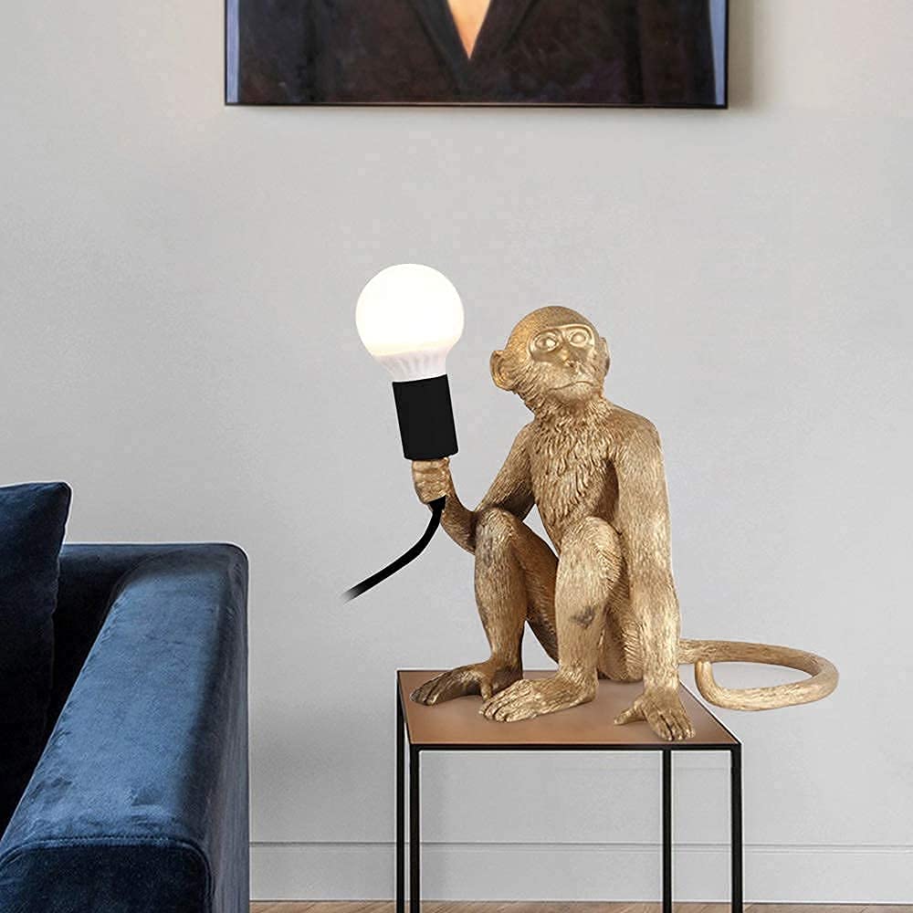 LOYALHEARTDY Modern Monkey Table Lamp - Resin Sitting Monkey Desk Light for Living Room, Bedroom, Office & Dorm Decor - Gold Accent Lighting for Study, Reading & Nightstand Use
