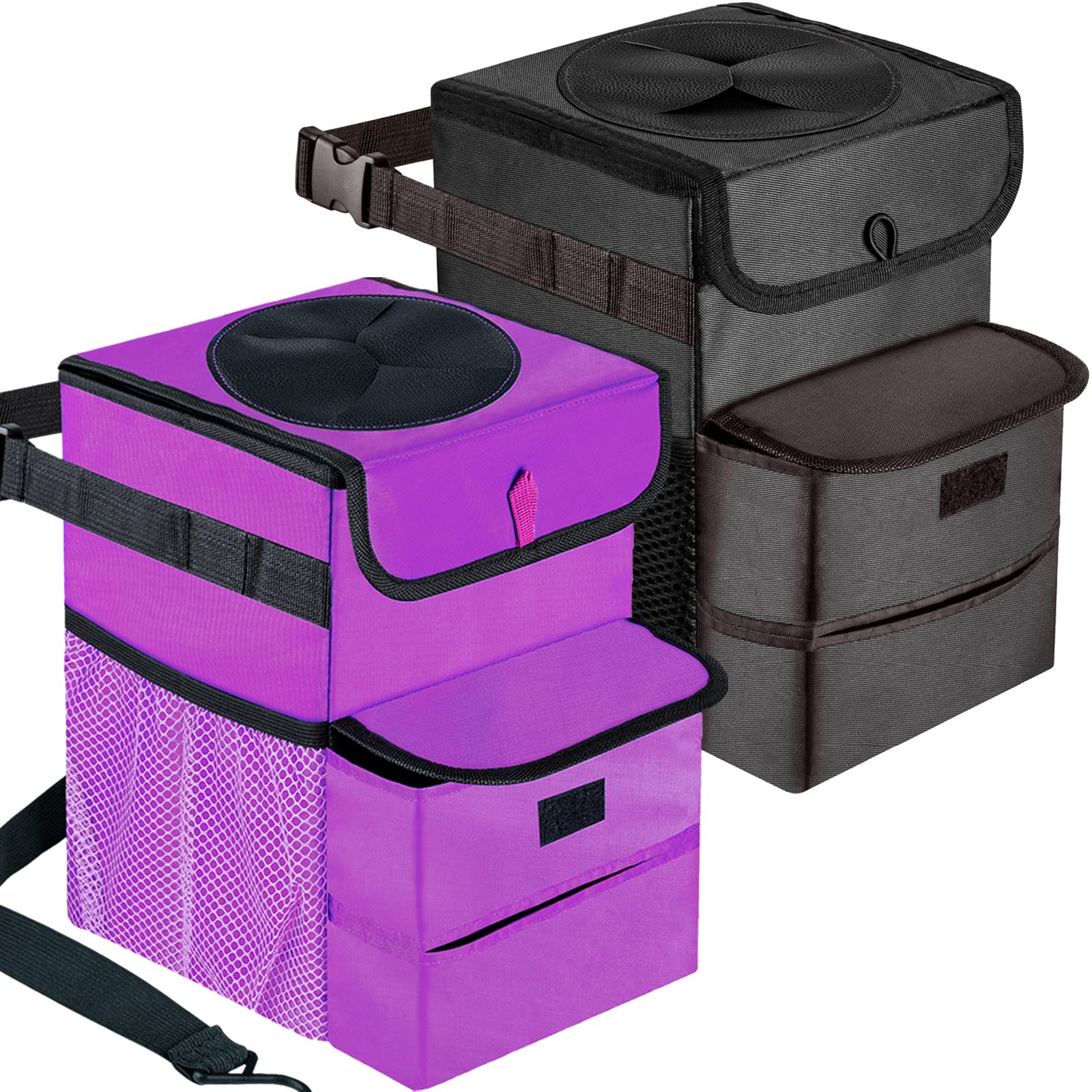 2 Pack Foldable Car Trash Bag - 3 Gallon Leakproof Auto Garbage Bin for Vehicles (Black & Purple) | Ideal for Road Trips, Commuting & Keeping Your Car Clean