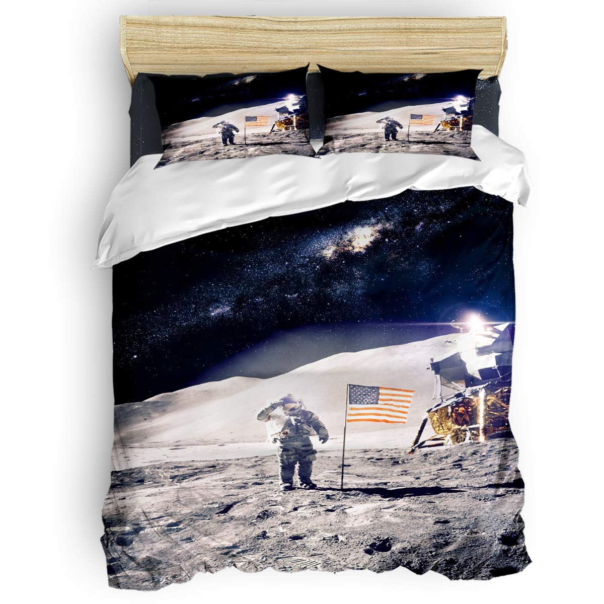 Yogaly Home 4-Piece Queen Size Bedding Set - NASA Moon Landing Printed Outer Space Theme - Soft & Lightweight Bed Sheets, Duvet Cover, Flat Sheet & Pillowcases for Adults, Teens, Kids & Nursery - Perfect for Space-Themed Bedrooms, Dorm Rooms & Gift Ideas