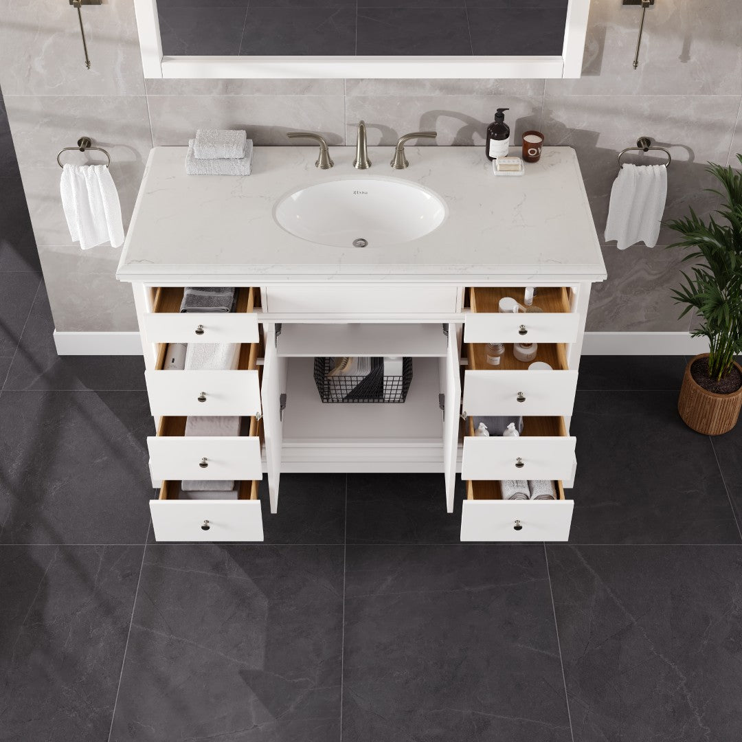 Elite Stamford 48 Inch White Bathroom Vanity with Carrara Marble Quartz Countertop & Undermount Porcelain Sink - Modern Single Sink Vanity for Small Bathrooms, Powder Rooms & Master Baths