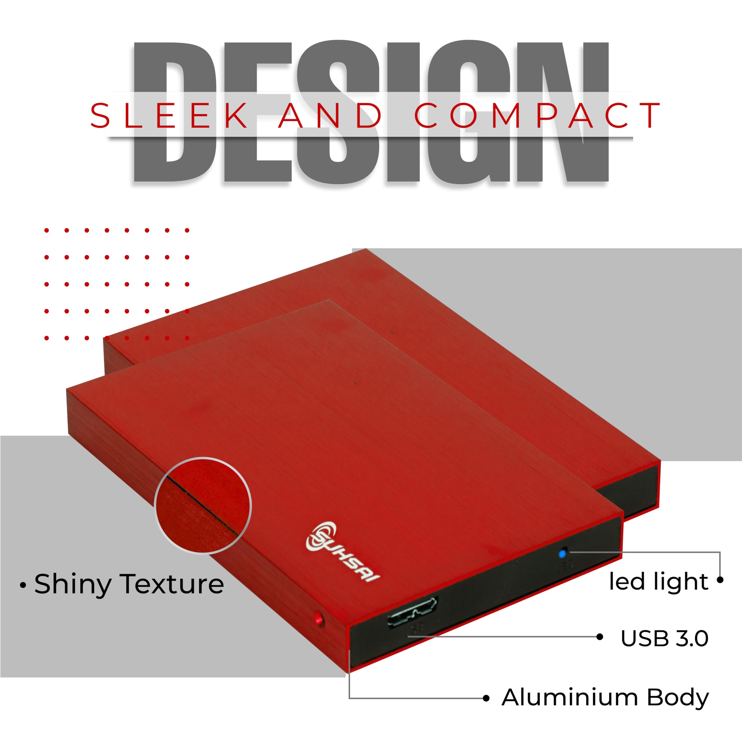 Suhsai 250GB Portable External Hard Drive - USB 3.0 HDD, 2.5 Inch Compact Data Storage for PC, Mac, Laptop, PS4, PS3 | Fast Backup & Gaming Storage | Travel-Friendly Design (Red)
