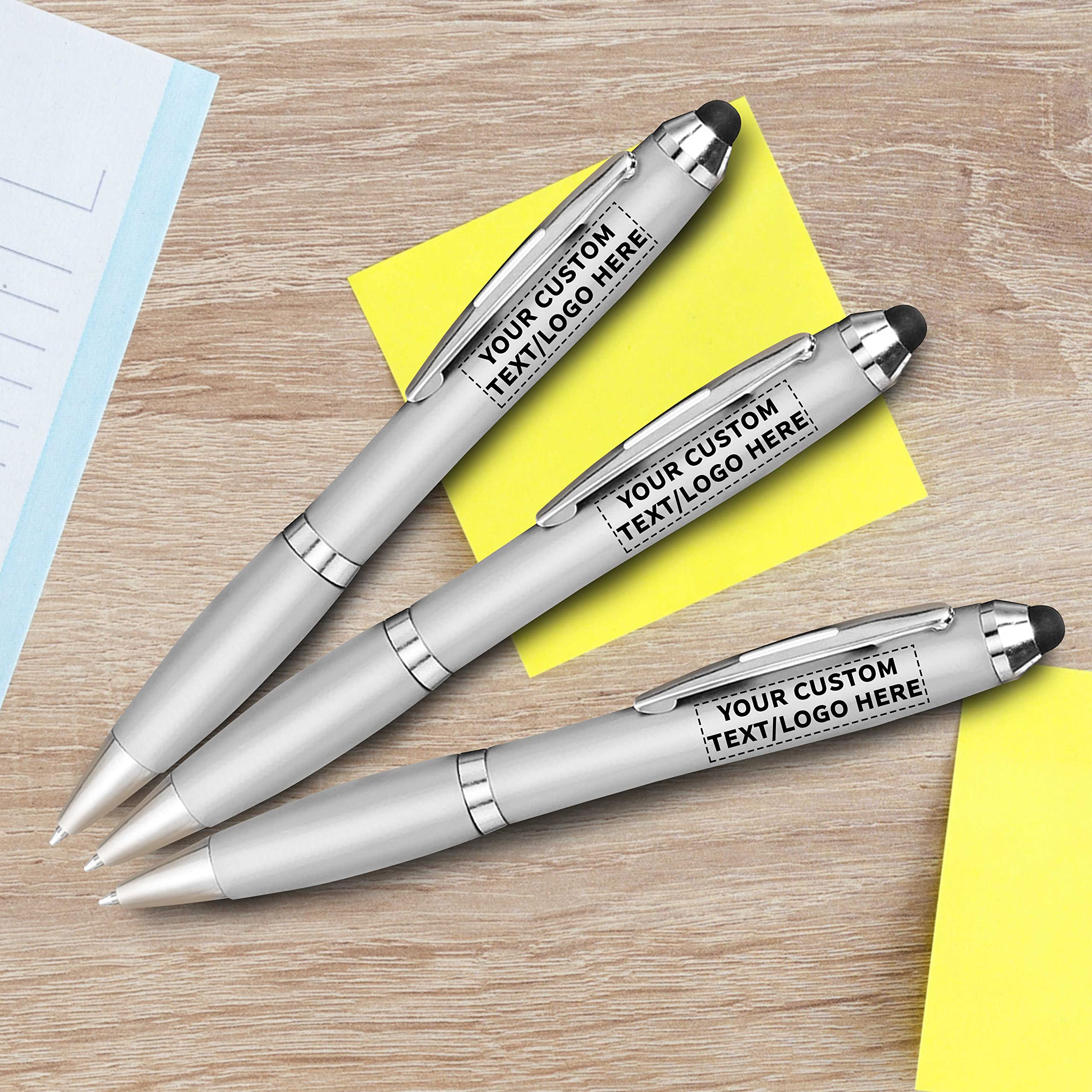 Custom Plastic Stylus Pens - Bulk Pack of 100 with Black Ink | Personalized Promotional Pens for Office, School & Business | Ideal for Tradeshows, Events & Giveaways | Silver Barrel Design