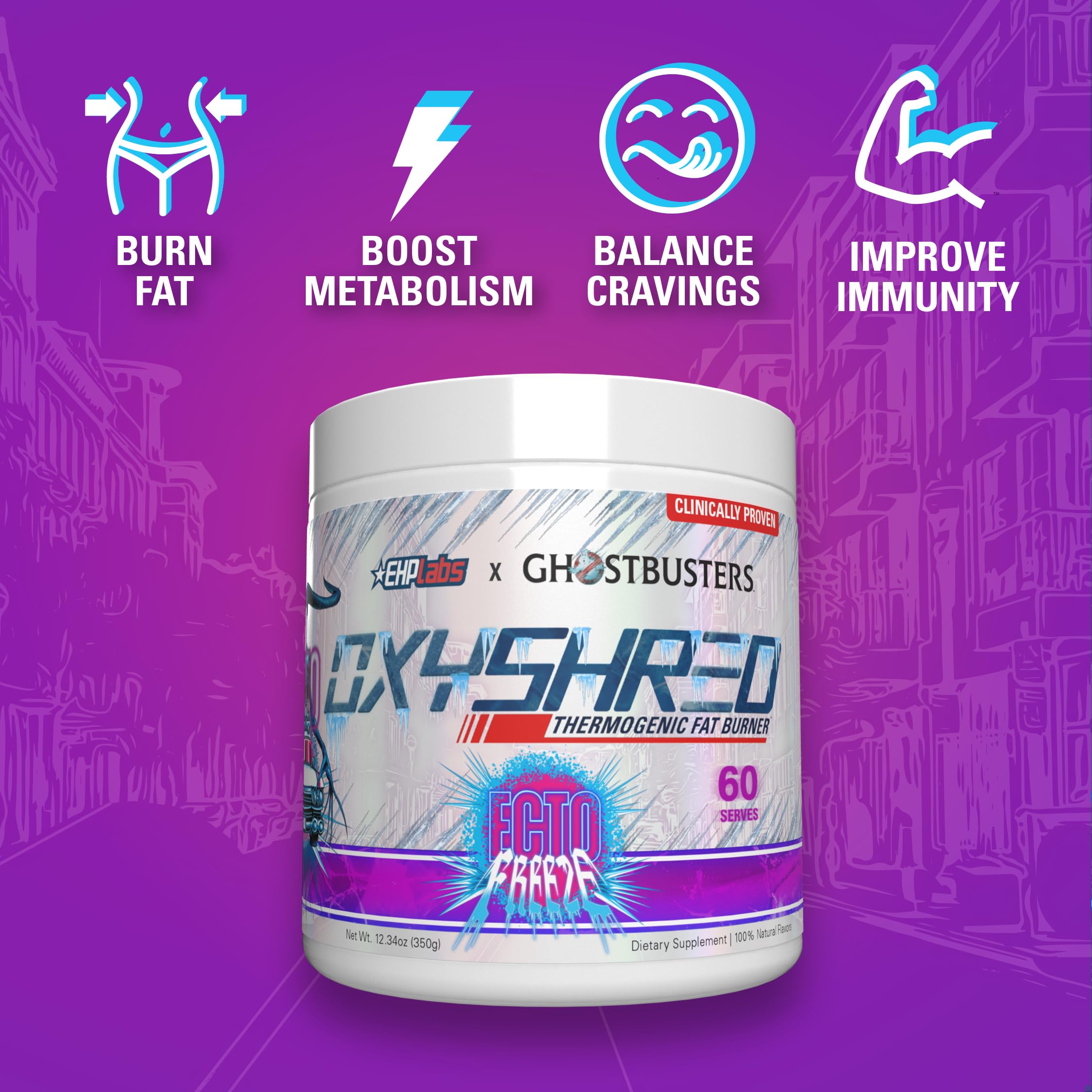 EHP Labs x Ghostbusters OxyShred Pre Workout Powder Supplement - Energy Boosting Formula with Acetyl L-Carnitine | Ecto Freeze Flavor | 60 Servings for Gym, Weightlifting & Fitness Training