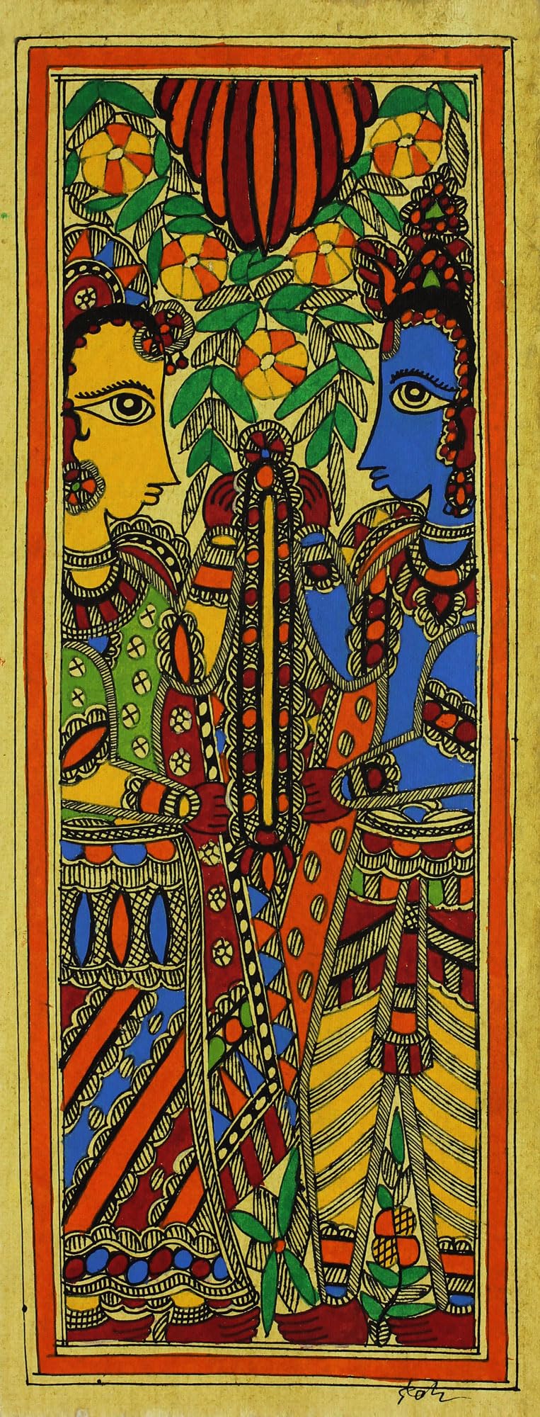 Handmade Rama and Sita Union Madhubani Painting from India - Traditional Hindu Art for Home Decor & Spiritual Gifts