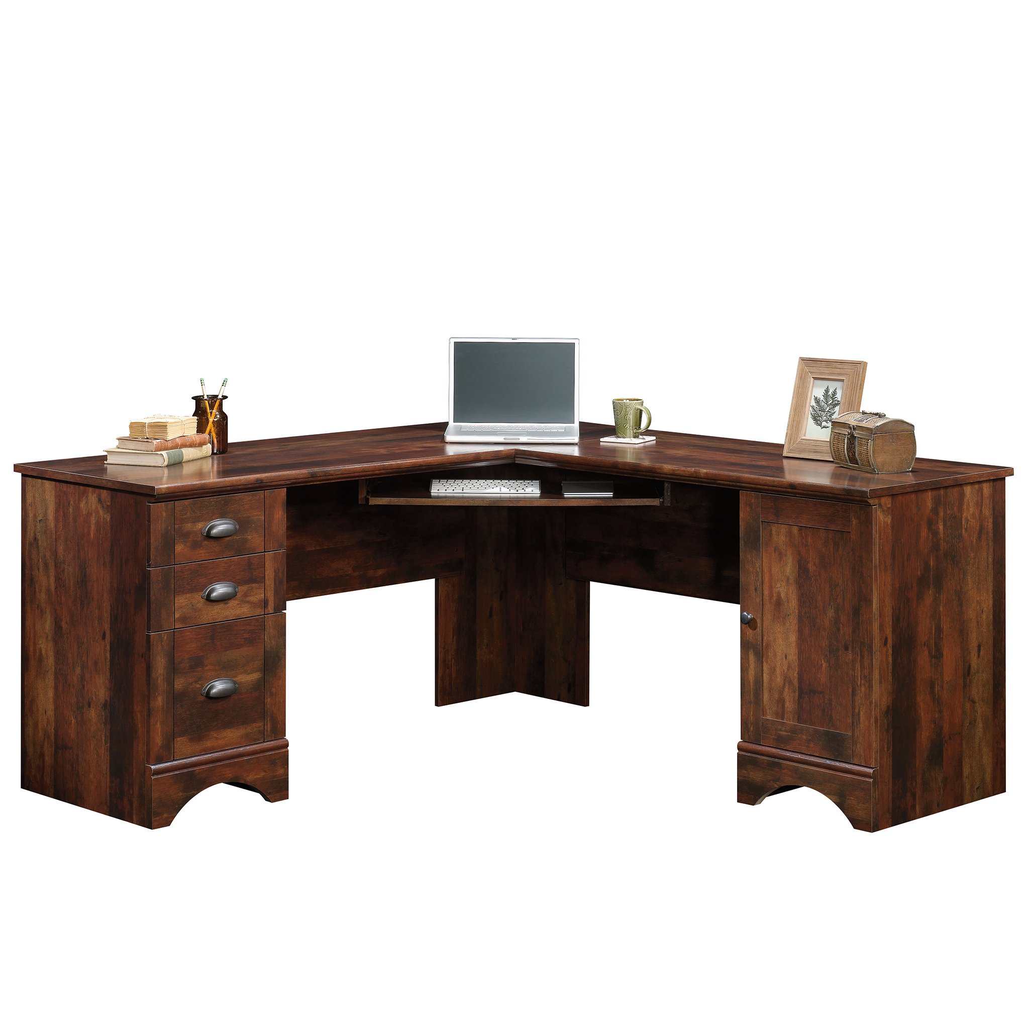 Sauder Viabella Storage Cabinet & Corner Computer Desk with Harbor View Design in Curado Cherry Finish - Perfect for Home Office, Study Room, and Small Spaces