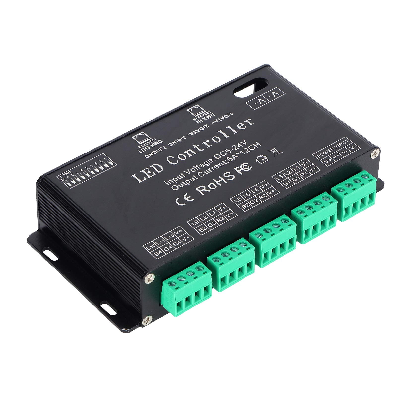 Walfront 12 Channel DMX512/1990 LED RGB Strip Light Controller - Constant Current Decoder & Dimmer Board with DIP Switch (DC 5-24V) for Stage Lighting, Home Theater, and Architectural Lighting