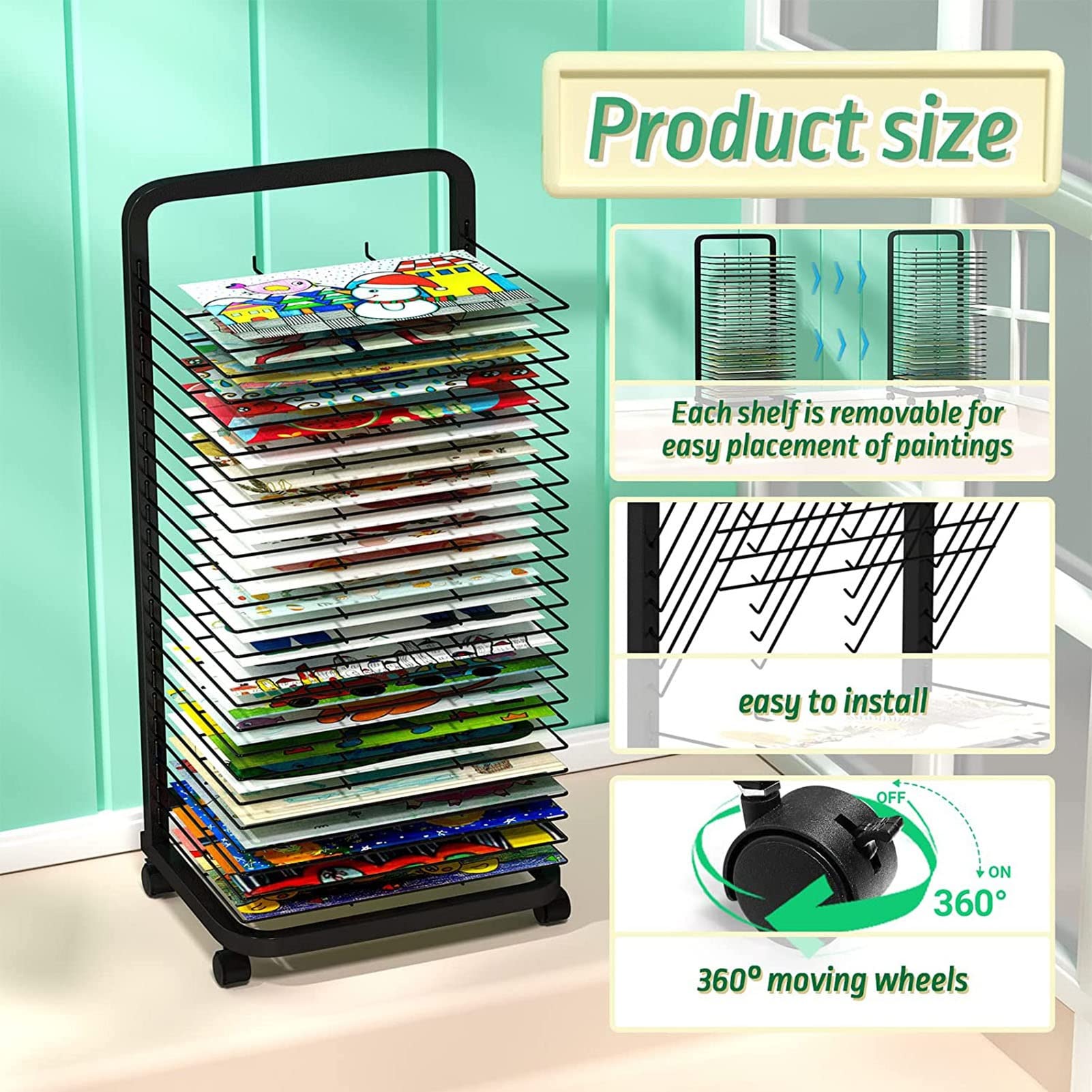 Sturdy Metal Art Drying Rack with Wheels - 25-Tier Power-Coated Painting & Craft Storage Display (44x42x90cm) - Perfect for Art Classrooms, Studios & School Art Clubs | Easy-Move Artwork Organizer for Wet Paintings & Student Projects