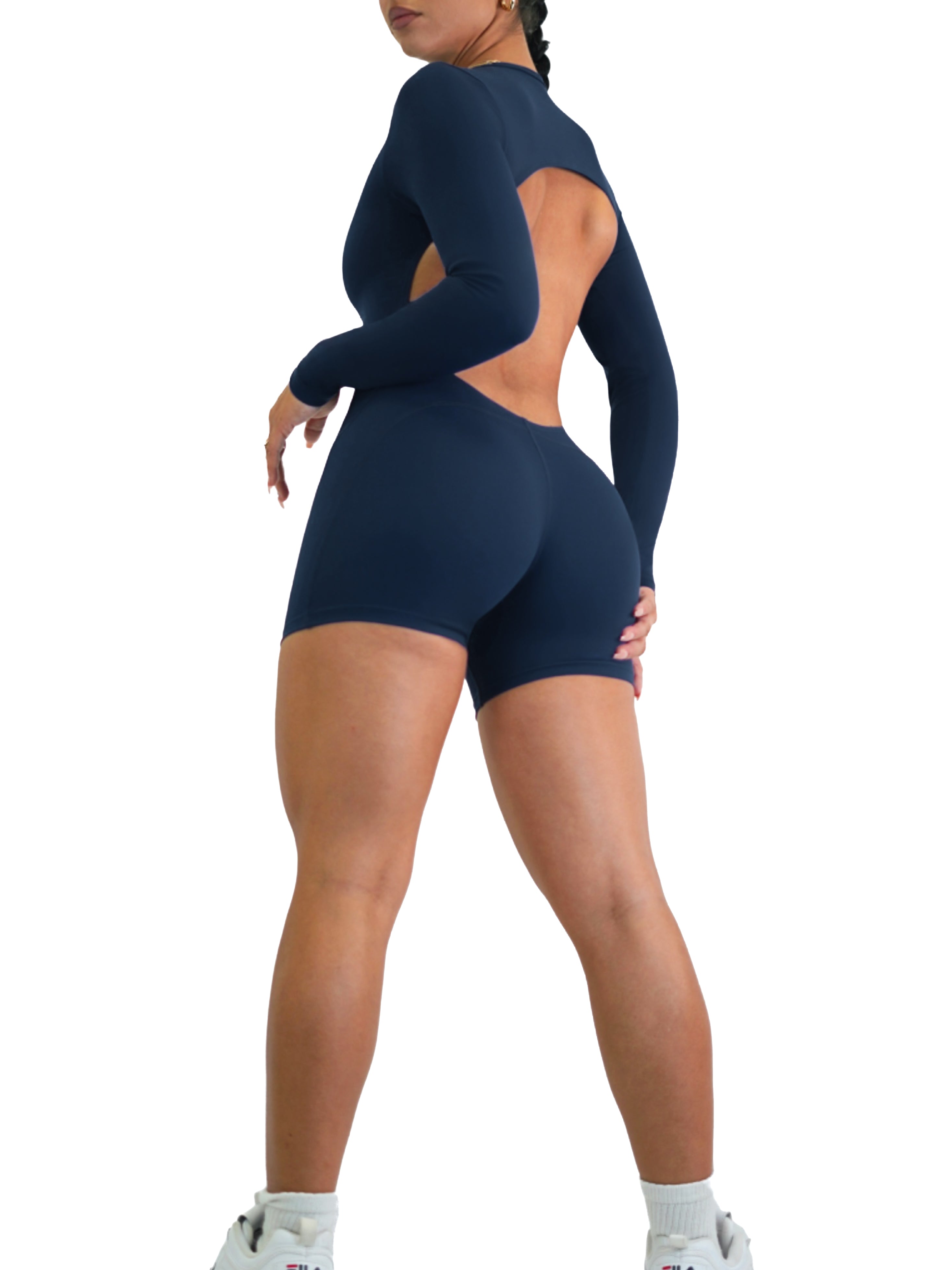 Elegant Navy Backless Long Sleeve Short Romper Jumpsuit - Women's Fashion Bodycon Outfit for Night Out, Party & Date Night