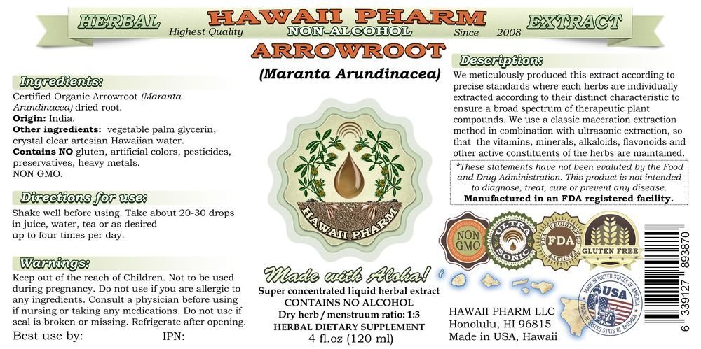 Alcohol-Free Arrow Root Liquid Extract (Maranta Arundinacea) - Natural Herbal Supplement by Hawaii Pharm - 4x4 oz Dried Root Glycerite - Perfect for Digestive Support & Herbal Remedies