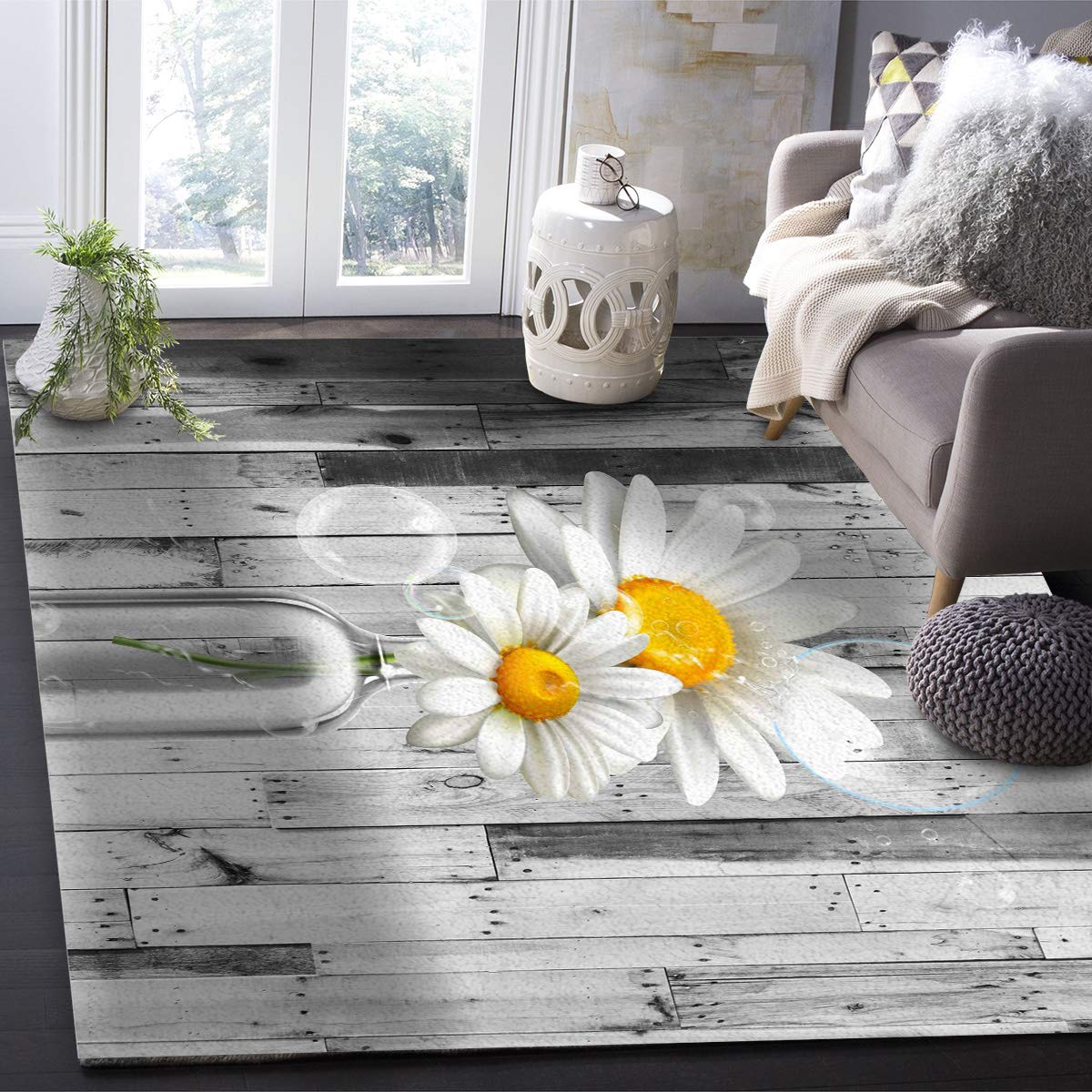 4'x7' Area Runner Rug with Daisy Flowers & Wood Texture - Washable Indoor/Outdoor Carpet for Kitchen, Living Room, Bathroom, Bedroom, Classroom & Laundry Room - Perfect Welcome Mat & Desk Decor for Home & Office