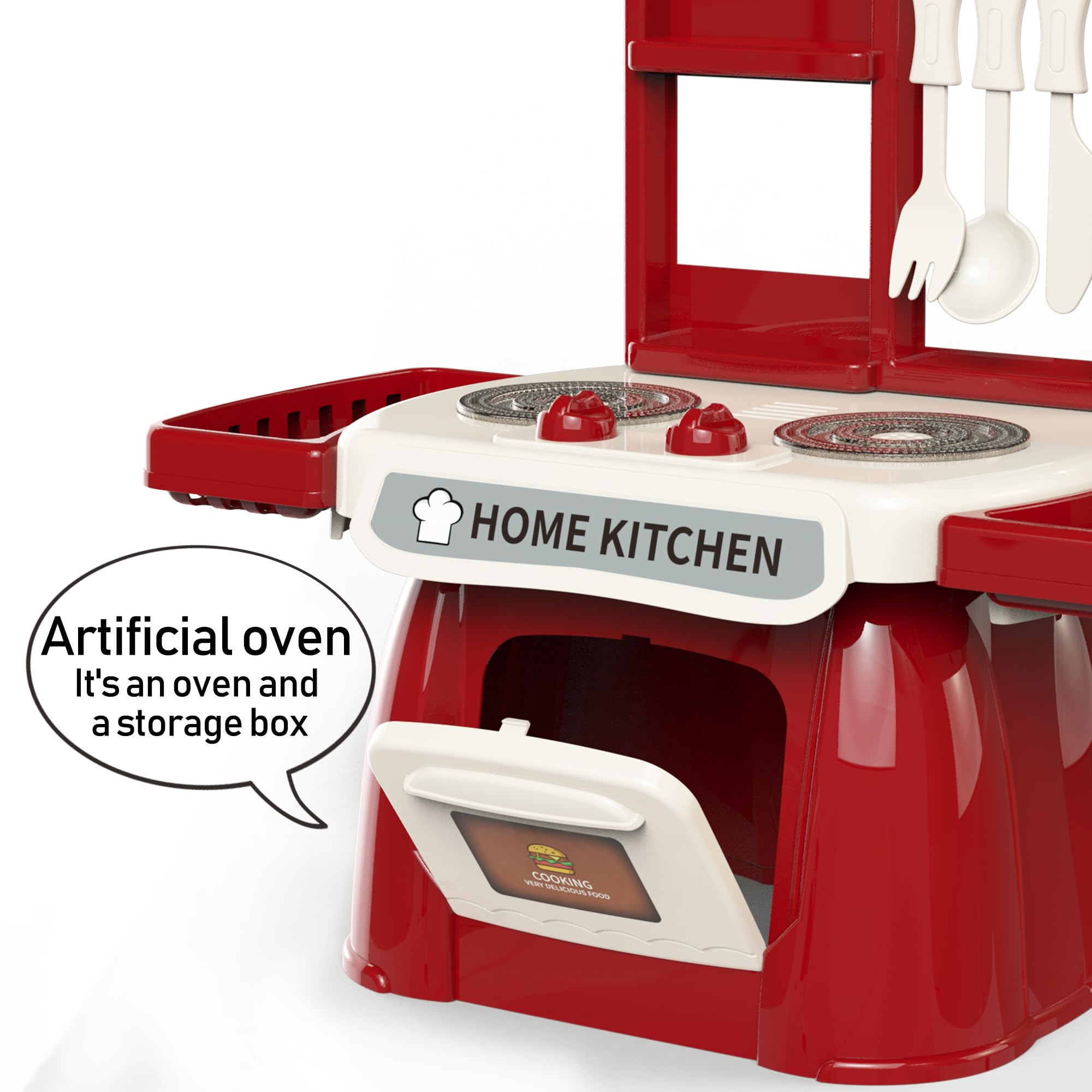 **Toddler Kitchen Playset with Sound & Light - Pretend Cooking Toy Set for Kids, Play Sink with Running Water & Electronic Induction Stove - Red Kitchen Accessories for Pretend Play & Role-Playing Fun**