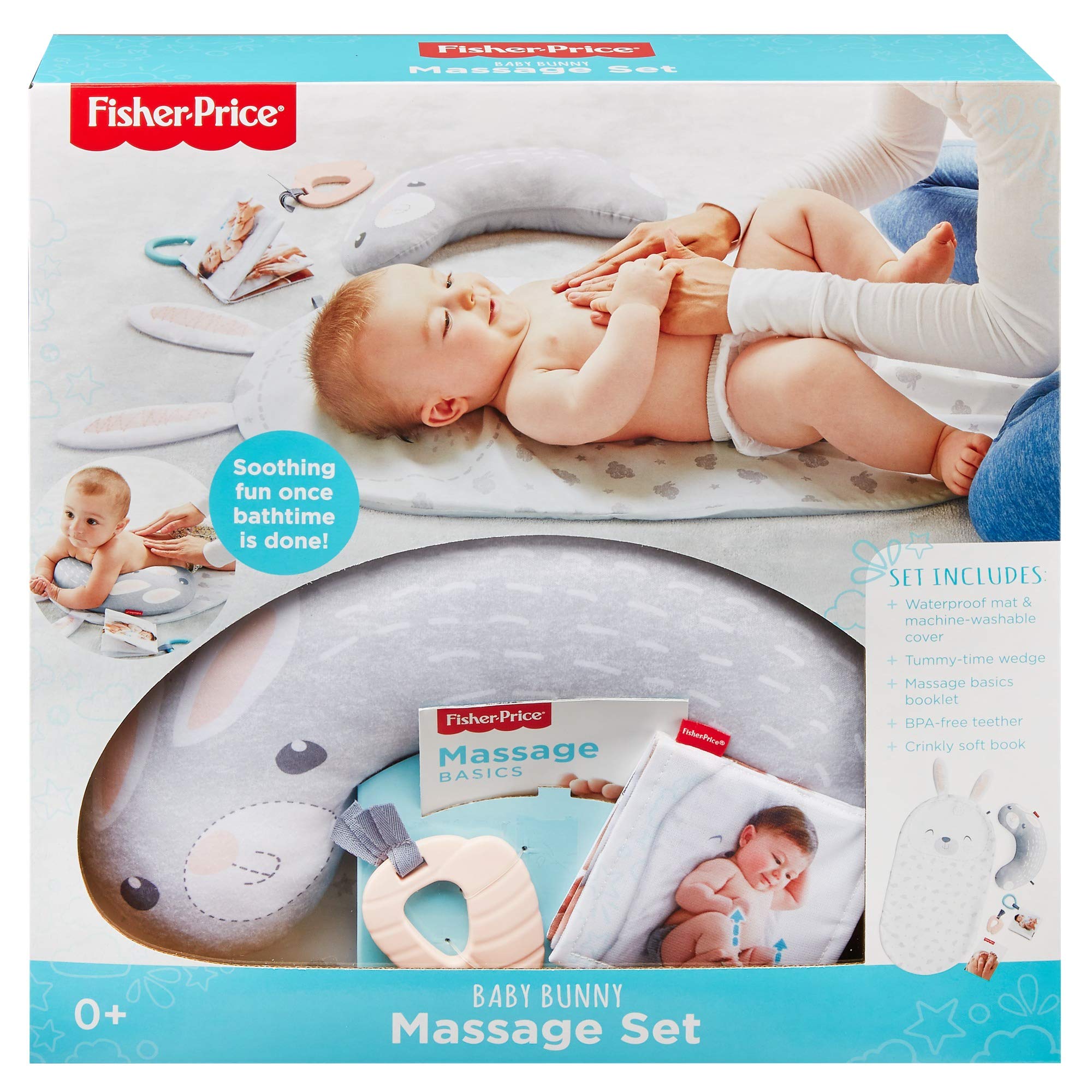 Fisher-Price Baby Bunny Massage Set - Newborn Playmat & Tummy Time Wedge with Soothing Massage Guide for Infants 0-12 Months | Perfect for Relaxation, Bonding & Sensory Development