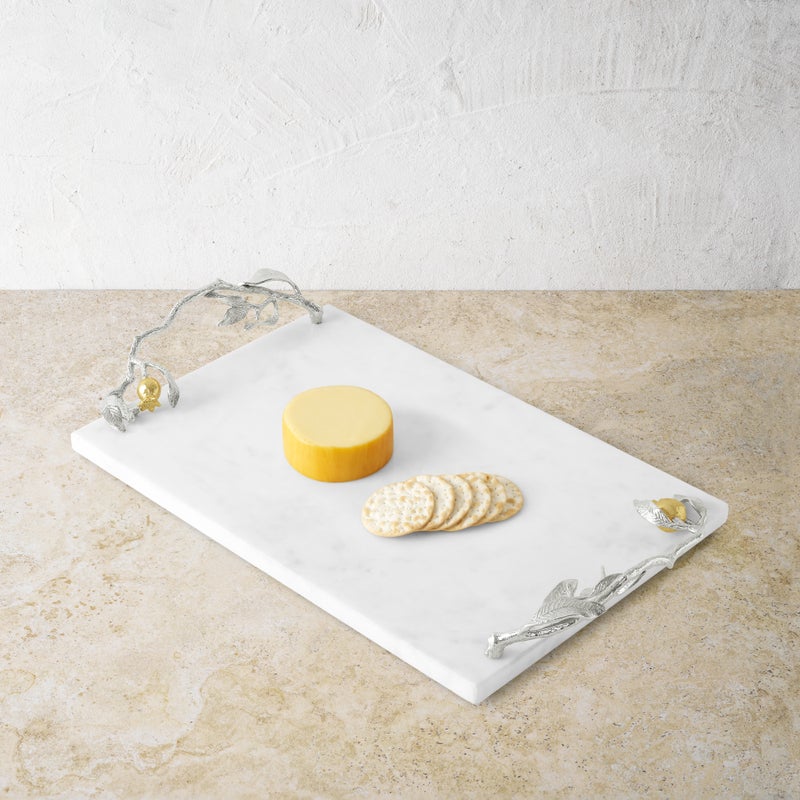 Elegant Pomegranate Silver & Gold Cheese Board Set with Spreader - Perfect for Wine Parties, Charcuterie Platters & Holiday Entertaining