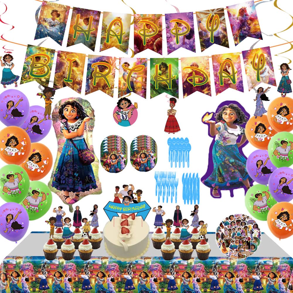 Encanto Birthday Party Decorations Set - Happy Birthday Banner, Hanging Swirls, Cake & Cupcake Toppers, Balloons, Tableware & Foil Balloons for Disney Encanto Themed Parties - Perfect for Kids Birthday Celebrations & Movie Night Decorations