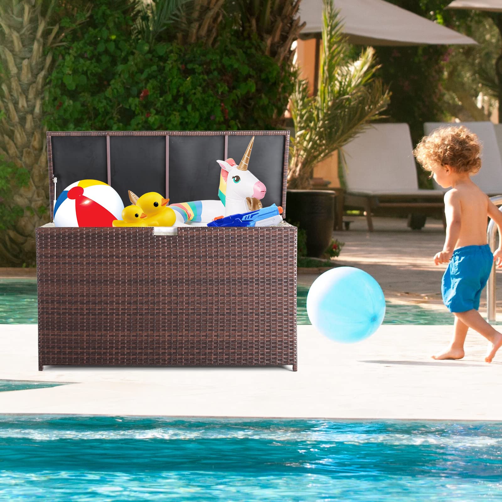 Outdoor Wicker Storage Box with Aluminum Frame - 120 Gallon Water-Resistant Patio Cushion & Pool Toy Organizer for Garden, Deck, and Backyard