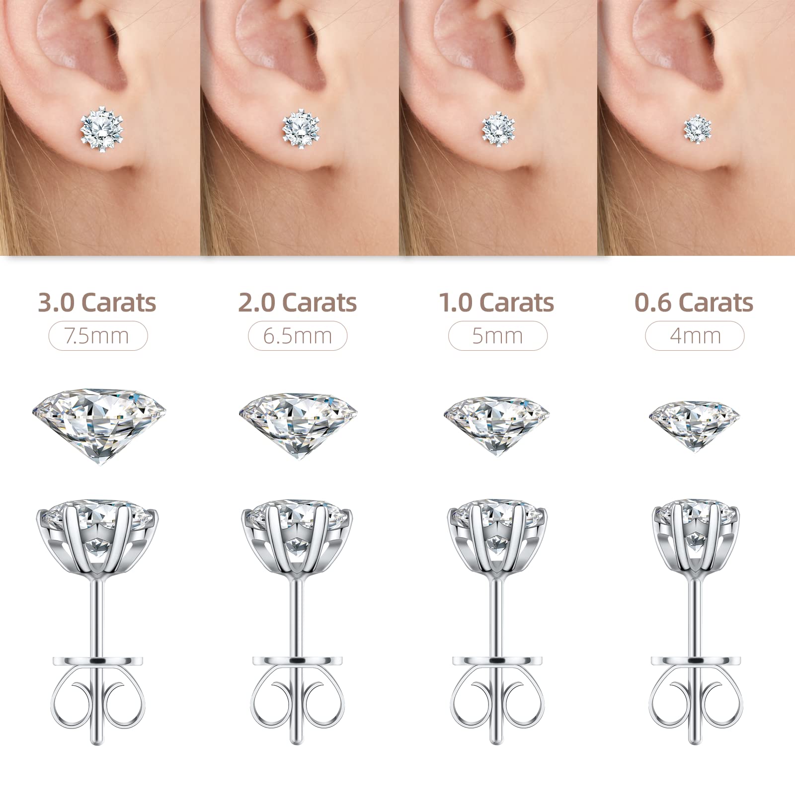 Moissanite Stud Earrings for Women - 0.6 to 3 Carat Diamond Simulant Earrings - Anniversary & Birthday Gift for Wife, Mom, Girlfriend - Perfect for Weddings, Parties & Special Occasions