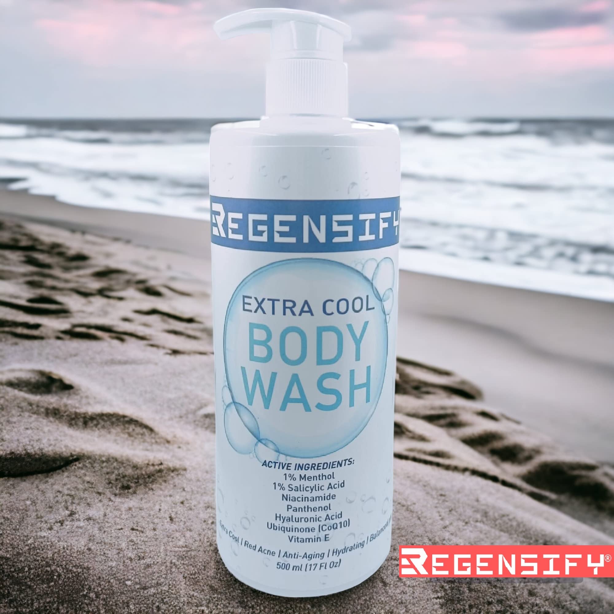 REGENSIFY Red Acne Extra Cool Body Wash 500ml (17 Fl Oz) with 1% Menthol & 1% Salicylic Acid - Niacinamide, Panthenol, Hyaluronic Acid for Anti-Aging & Hydration - Icy Shower Gel for Men & Women - Perfect for Post-Workout, Summer Cooling & Sensitive Skin Care