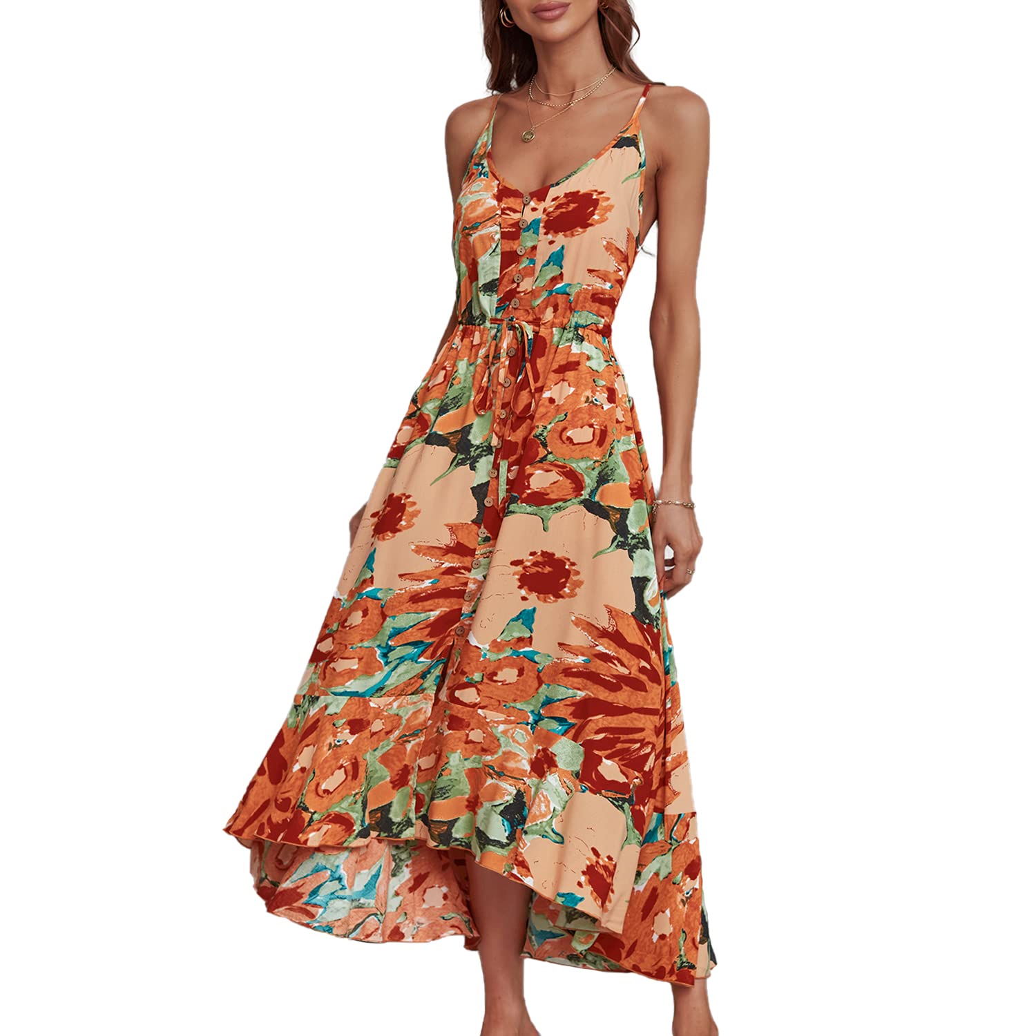 BROVAVE Women's 2025 Summer Boho Flowy Midi Dress - Polka Dot Print, Spaghetti Straps, V-Neck - Casual Beach Sundress for Vacation, Party & Outdoor Date