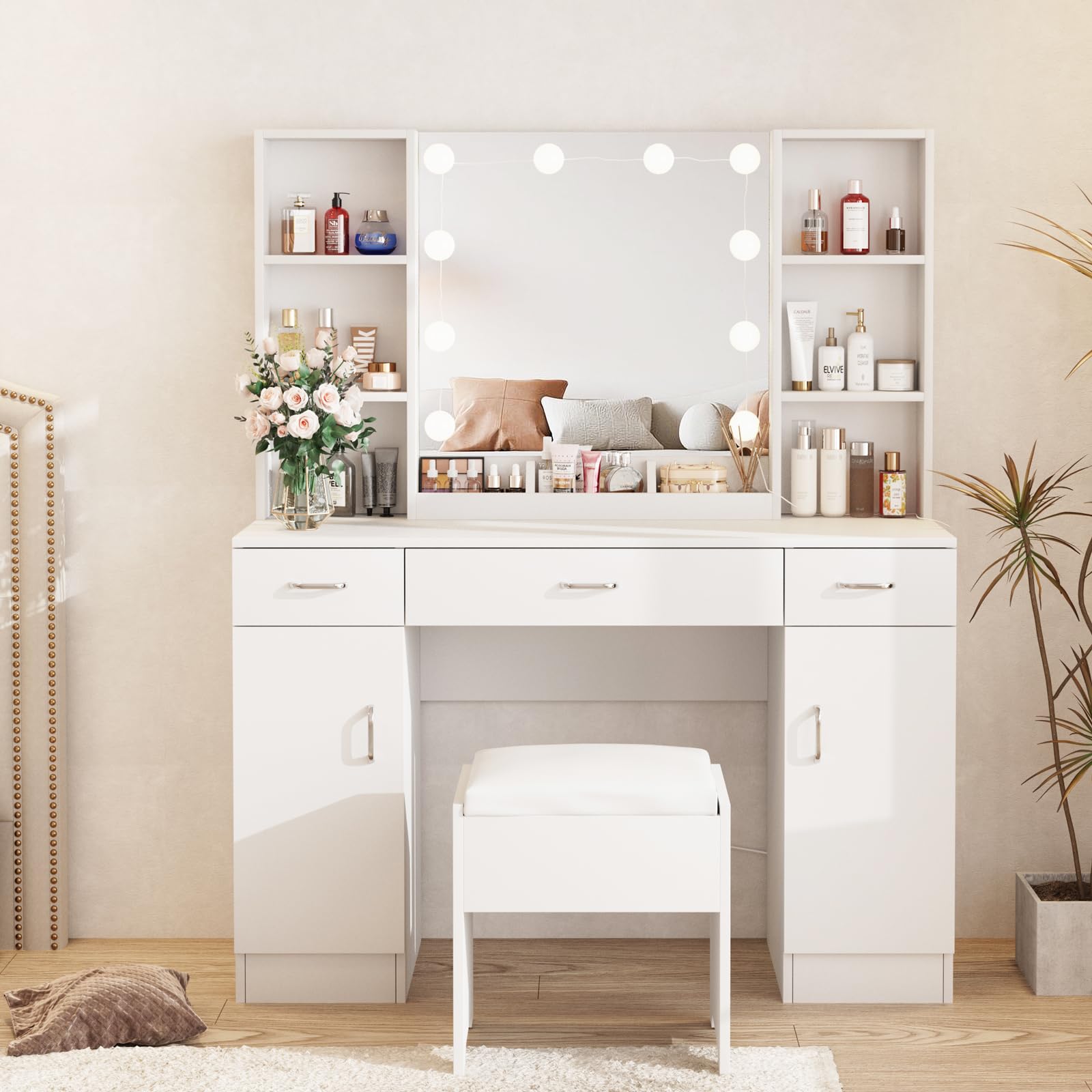 Vabches Lighted Vanity Mirror Makeup Desk Set with Comfortable Bench & Side Cabinets - 45.2 Inch White Vanity Table with Ample Storage Space | Perfect for Bedroom, Dressing Room & Beauty Salon Organization