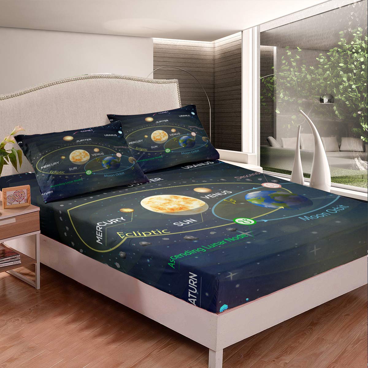 Solar System Galaxy Bedding Set - 3 Piece Duvet Cover with 8 Planets Design for Kids & Teens (1 Fitted Sheet + 2 Pillow Cases) - Space Themed Bedroom Decor for Boys & Girls
