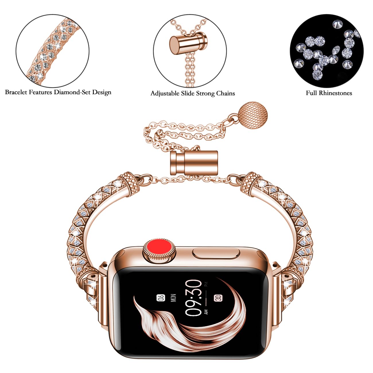 Stainless Steel Apple Watch Band for Women - Bling Diamond Rhinestone Link Bracelet Compatible with Series 9/8/SE/7/6/5/4/3/Ultra 2/1 (38mm 40mm 41mm 42mm 44mm 45mm 49mm) - Perfect for Work, Parties & Everyday Wear