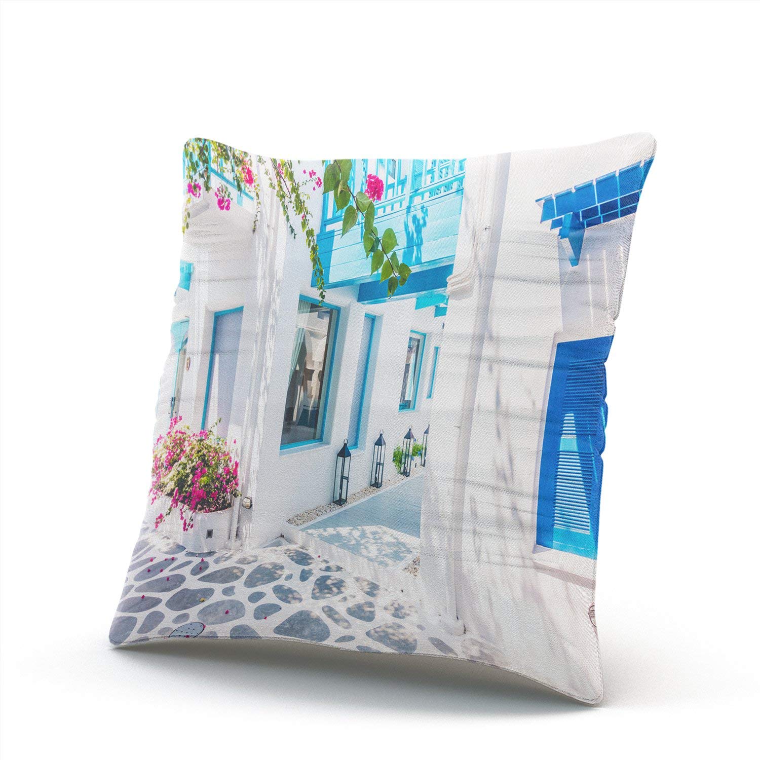 Santorini Greece Throw Pillow Cover 16x16 Inch - Double Sided Printed Decorative Pillowcase with Hidden Zipper - Beautiful Building Exterior Design for Living Room, Bedroom & Sofa Decor