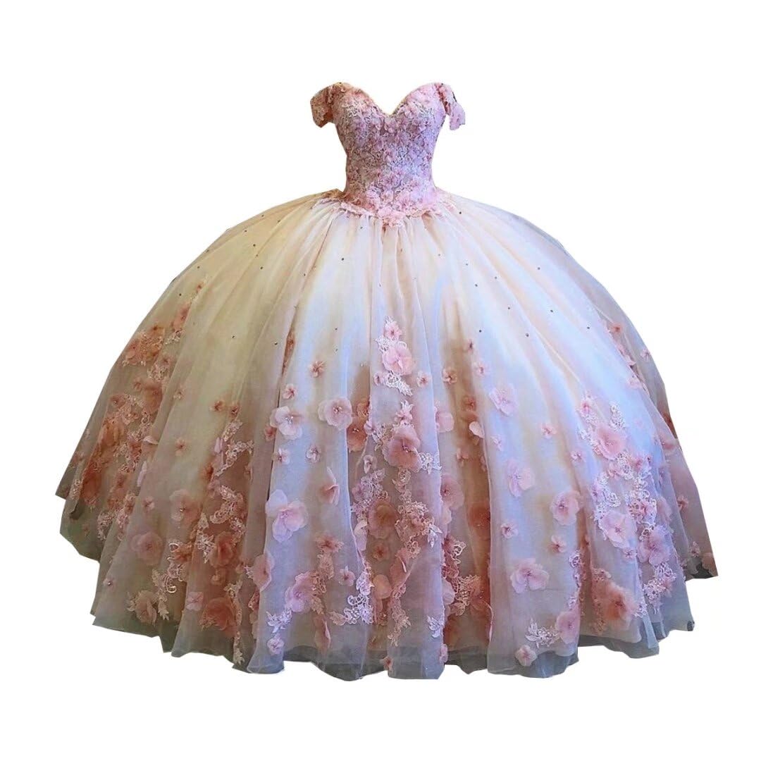 Elegant Romantic Blush Pink Champagne Tulle Off-Shoulder Ball Gown Quinceanera Evening Dress for Women & Girls - Perfect for Sweet 16, Prom, Wedding, and Special Occasions
