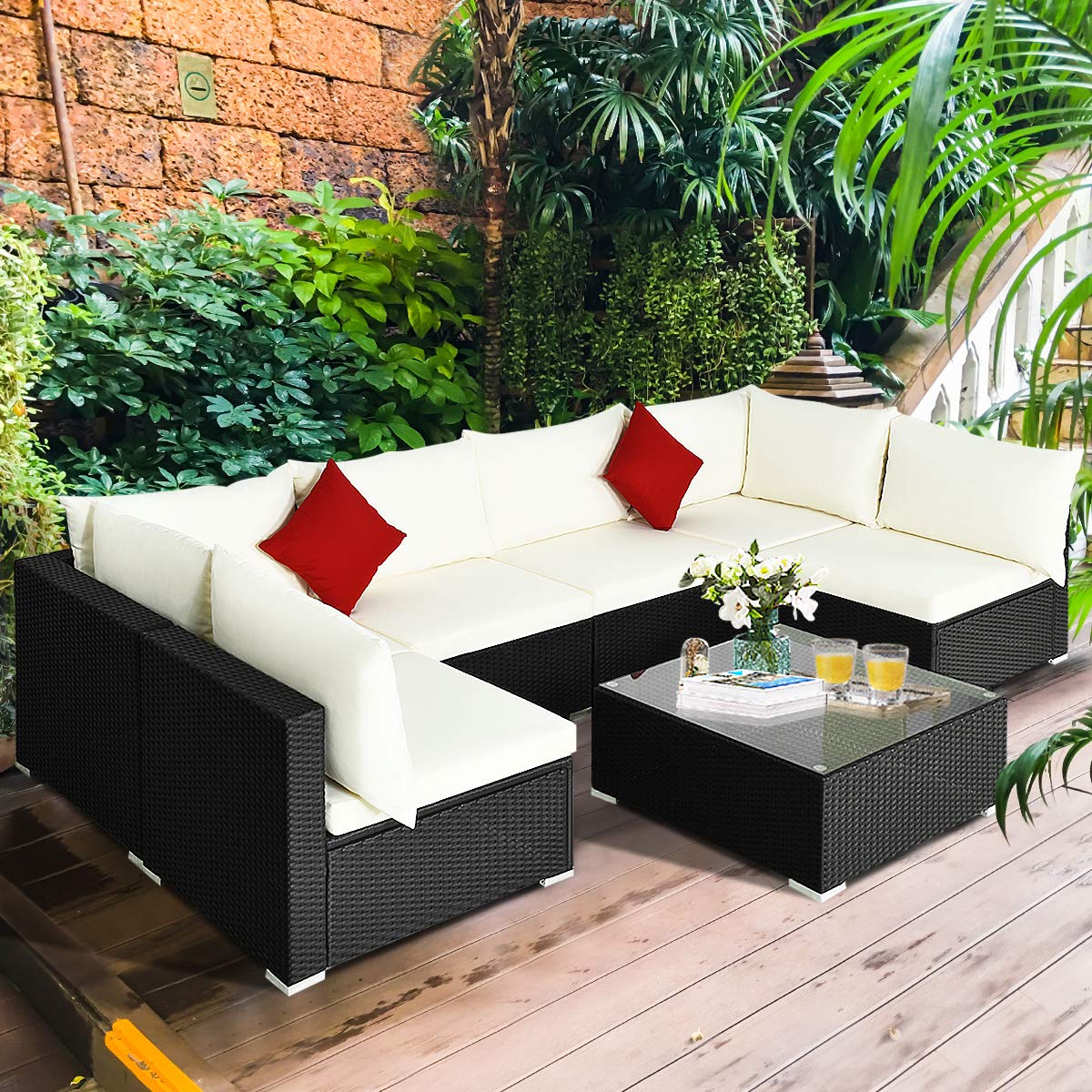 HAPPYGRILL 7-Piece Outdoor Patio Furniture Set - Rattan Wicker Sectional Sofa with Cushions, Pillows & Coffee Table - Perfect for Garden, Lawn, Backyard & Poolside Relaxation
