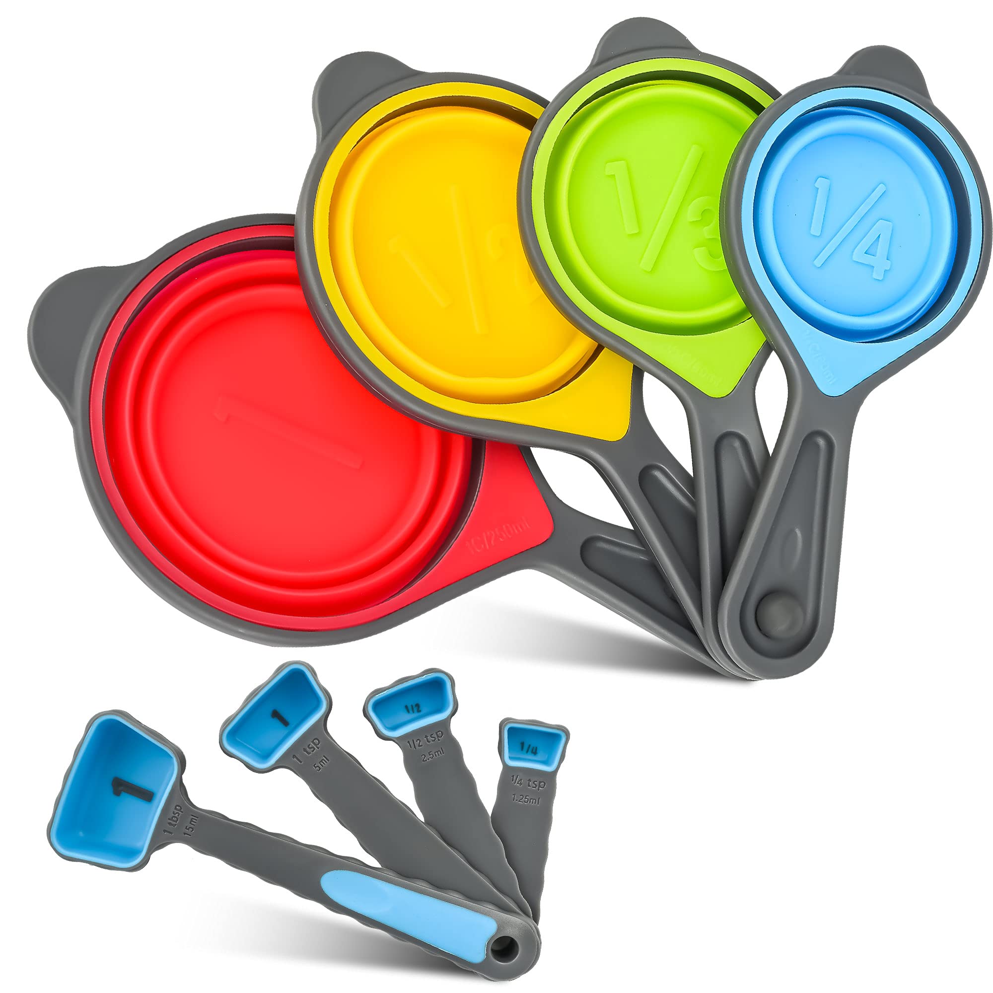 BPA-Free Silicone Collapsible Measuring Cups & Spoons Set - 8pc (4 Cups + 4 Spoons) with Engraved Metric & US Measurements - Space-Saving Kitchen Essentials for Baking, Cooking & Meal Prep - Blue