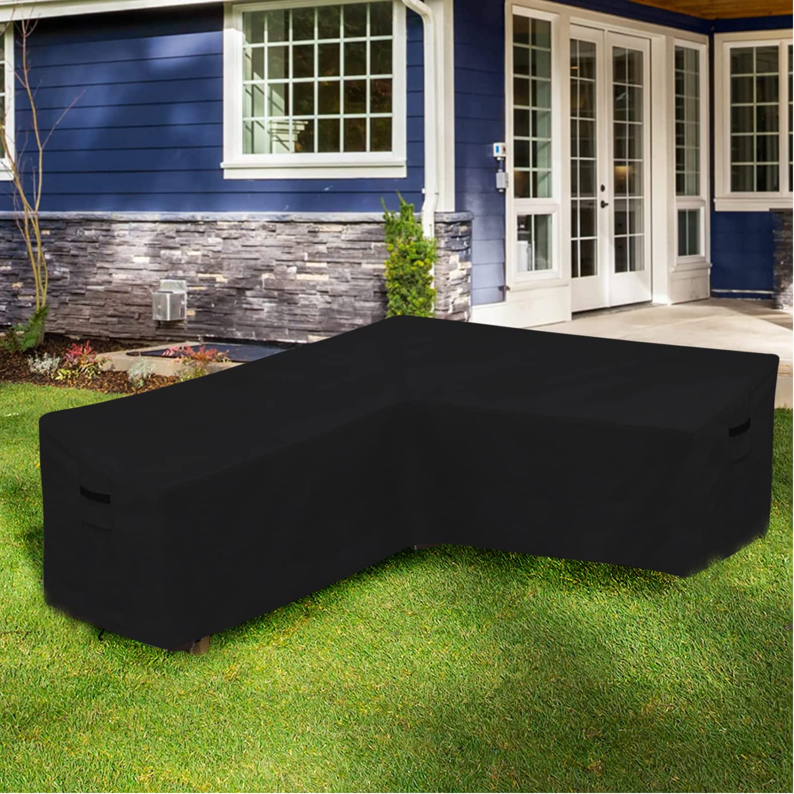 Waterproof Outdoor Furniture Covers for Patio Sectional Couch - V-Shaped Black Protector (85x34x30H Inches) - Perfect for Backyard, Garden & Poolside Furniture Protection