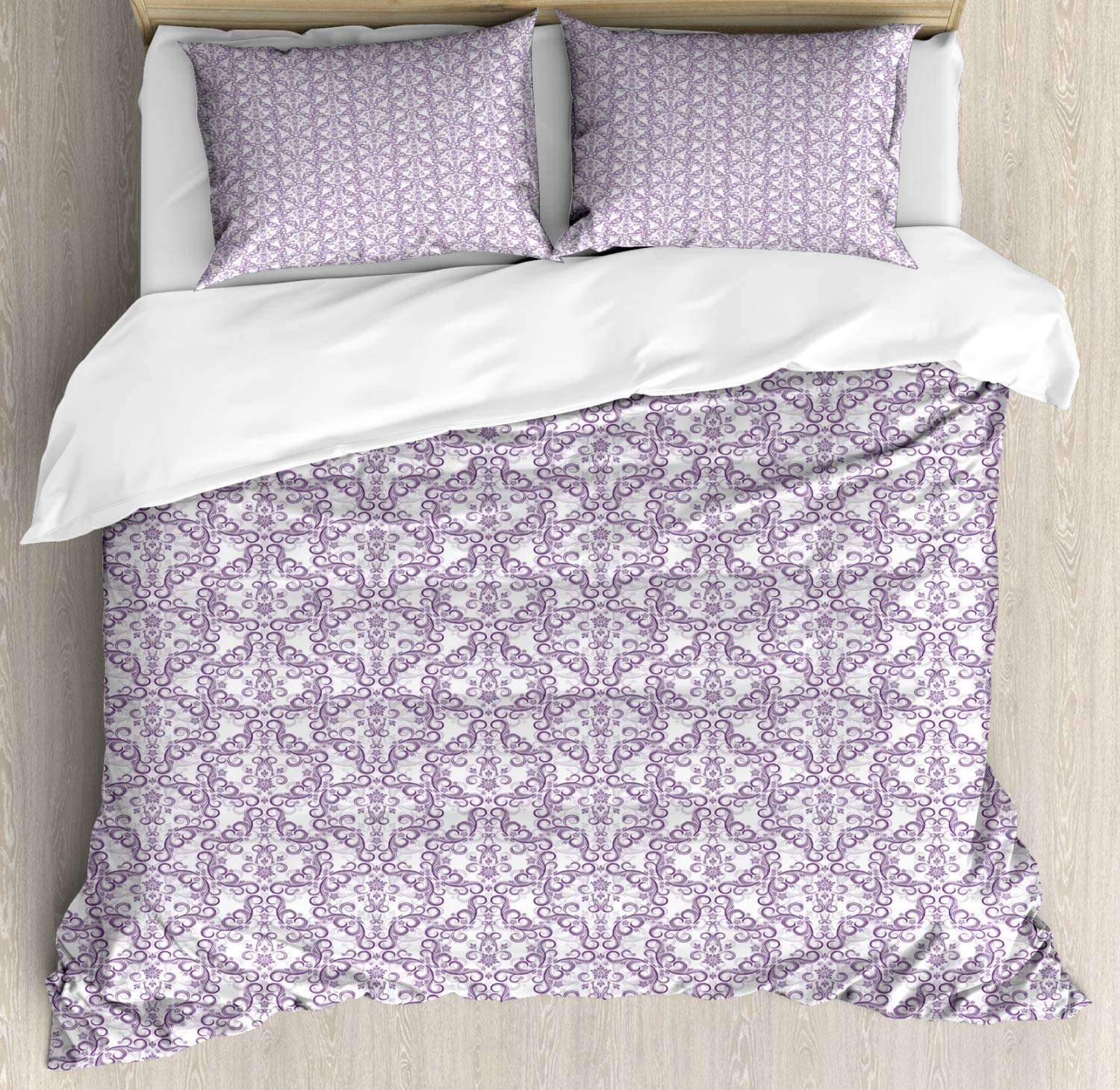 Ambesonne Victorian Duvet Cover Set - Renaissance Floral Baroque Design 3-Piece Bedding with Pillow Shams, King Size in Violet & White | Perfect for Master Bedroom, Guest Room & Vintage Home Decor