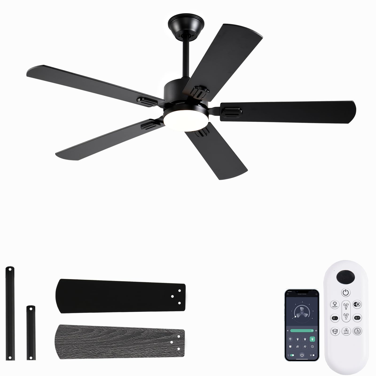 52 Inch Modern Ceiling Fan with Light - Smart APP & Remote Control, Low Profile Reversible 6-Speed Indoor/Outdoor Ceiling Fan for Bedroom, Living Room, Patio - Black - Perfect for Home Cooling & Stylish Decor