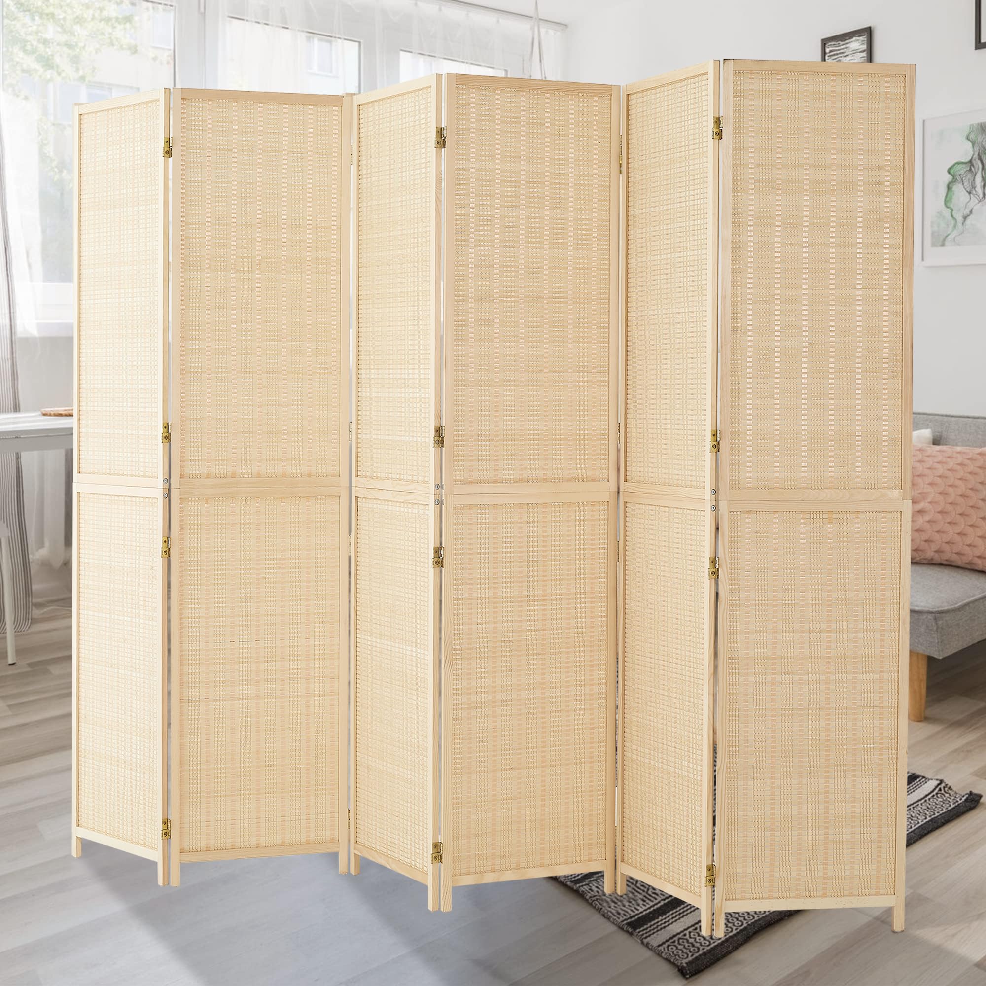Duraspace 6 Panel Bamboo Room Divider - 6ft Tall Folding Privacy Screen for Home Office, Bedroom Separation & Portable Freestanding Wall Partition - Sturdy Double Hinge Folding Screen for Indoor Decor, Yoga Studio & Event Spaces