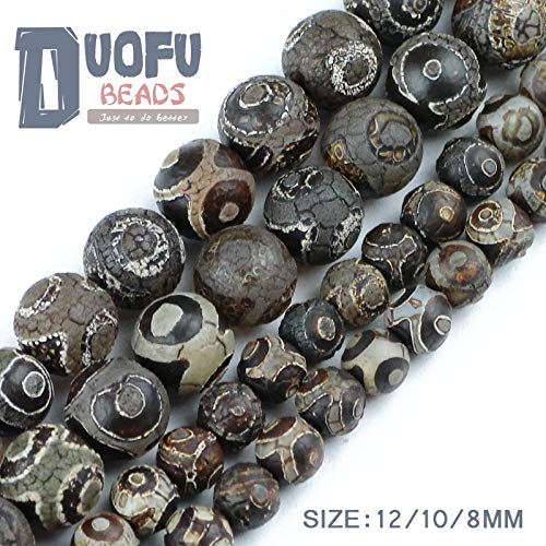 Natural Tibetan Dzi Beads 8/10/12mm - Genuine Agate Stone with Ancient Eye Patterns for Jewelry Making, Bracelet DIY, Meditation & Spiritual Protection (Black/Brown) - Perfect for Buddhist Prayer, Yoga Accessories & Boho Fashion Jewelry