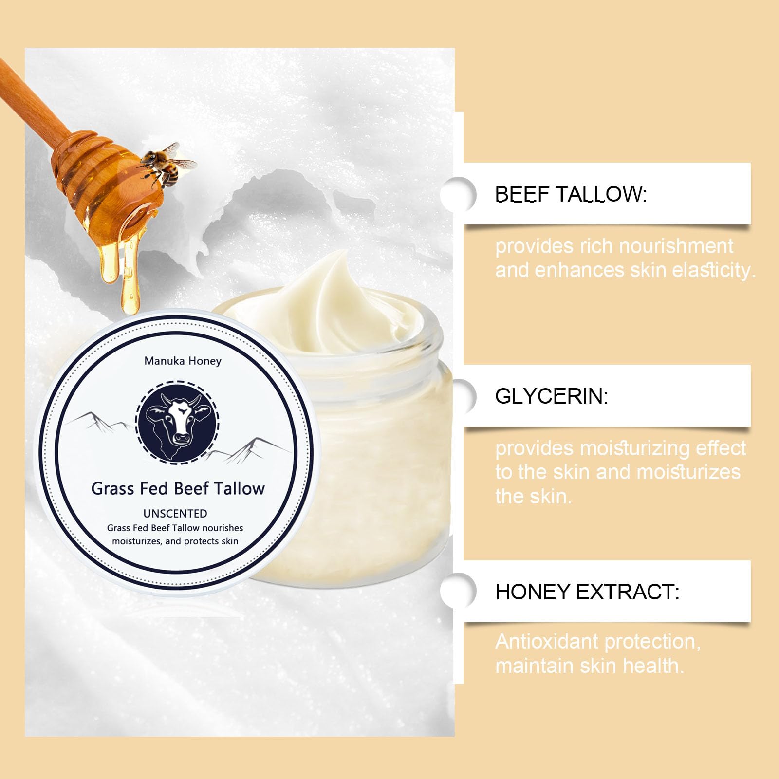 Organic Grass Fed Honey & Tallow Balm - USDA Certified Manuka Honey & Beef Tallow Moisturizing Cream for Face & Body - Natural Skin Repair for Dry, Sensitive Skin - Perfect for Daily Hydration & Nighttime Skincare Routine