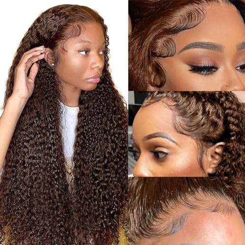 13x4 HD Lace Front Wig - 150% Density Chocolate Brown Human Hair with Bleached Knots & Baby Hair | Pre-Plucked Natural Hairline | Perfect for Cosplay, Daily Wear & Special Occasions