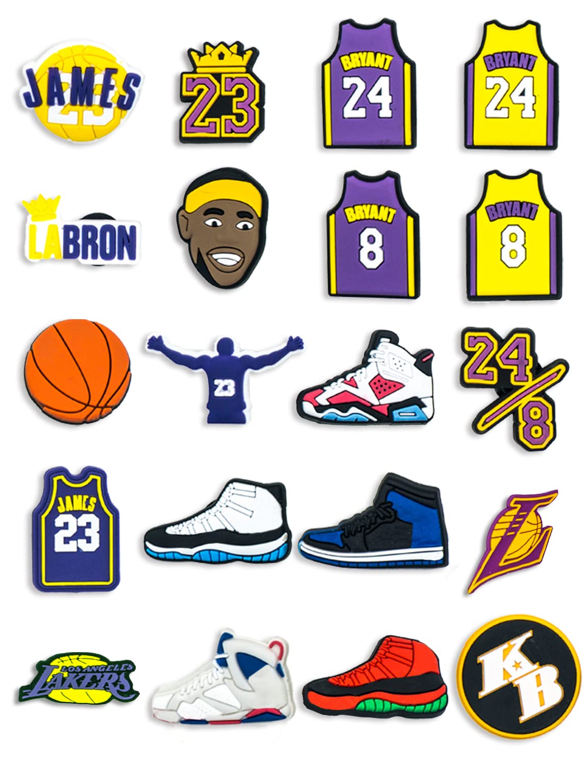 DOULANBLE Kobe & James Shoe Charms for Lakers Fans - 20 PCS Basketball Player Charms for DIY Bracelets, Wristbands & Jewelry Making - Perfect Gift for NBA Fans (Men, Women, Boys, Girls) - Great for Game Day, Fan Events & Sports Themed Parties