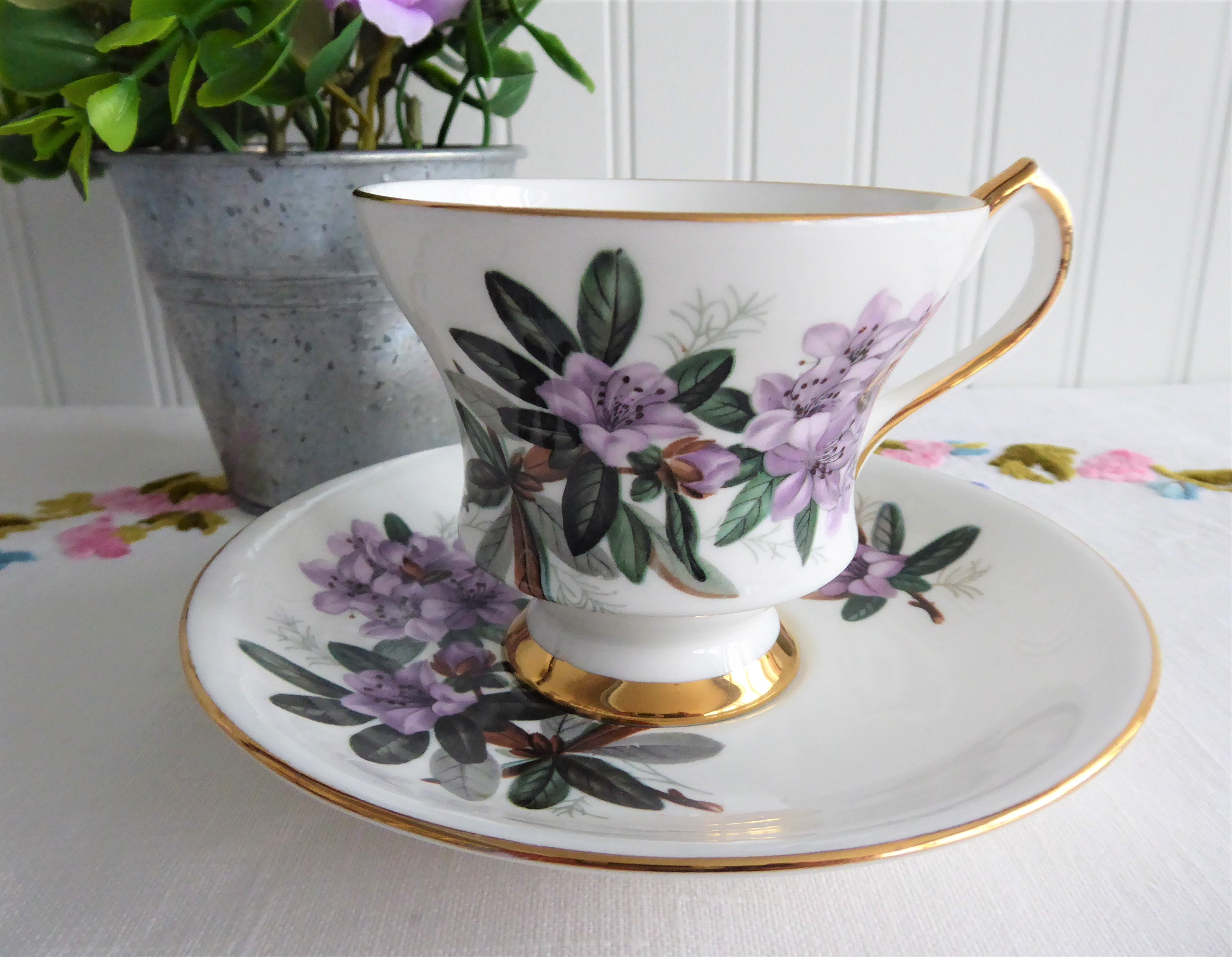 Vintage 1960s English Bone China Cup and Saucer Set with Lavender Azaleas & Rhododendrons Floral Pattern - Perfect for Afternoon Tea, Collectible Tableware, and Gift Giving