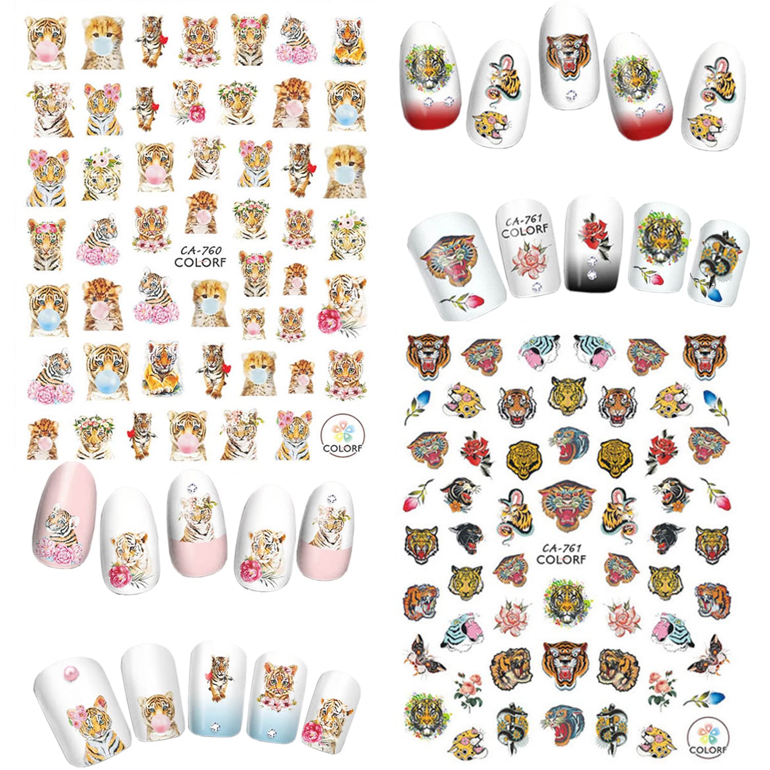 3D Cartoon Tiger & Holographic Flower Nail Art Stickers - Self-Adhesive Nail Decals for Women & Girls - DIY Manicure Tips & Acrylic Nail Supplies - Perfect for Parties, Weddings, and Daily Nail Art Designs