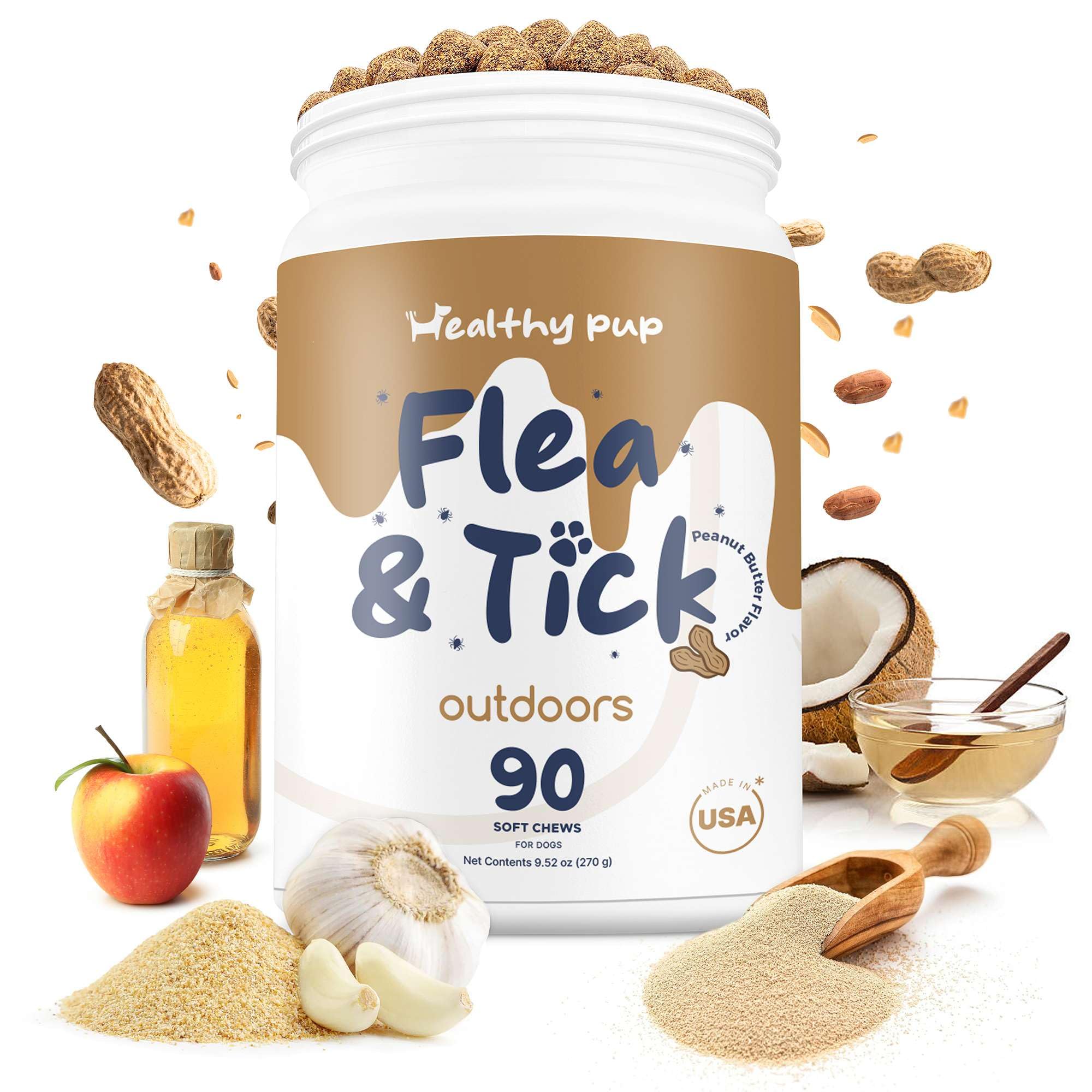 Natural Flea and Tick Prevention Chewable for Dogs - 90 Peanut Butter Flavored Soft Chews with B Vitamins & Garlic Powder | Supports Skin & Coat Health | Perfect for Outdoor Adventures, Dog Parks & Daily Walks
