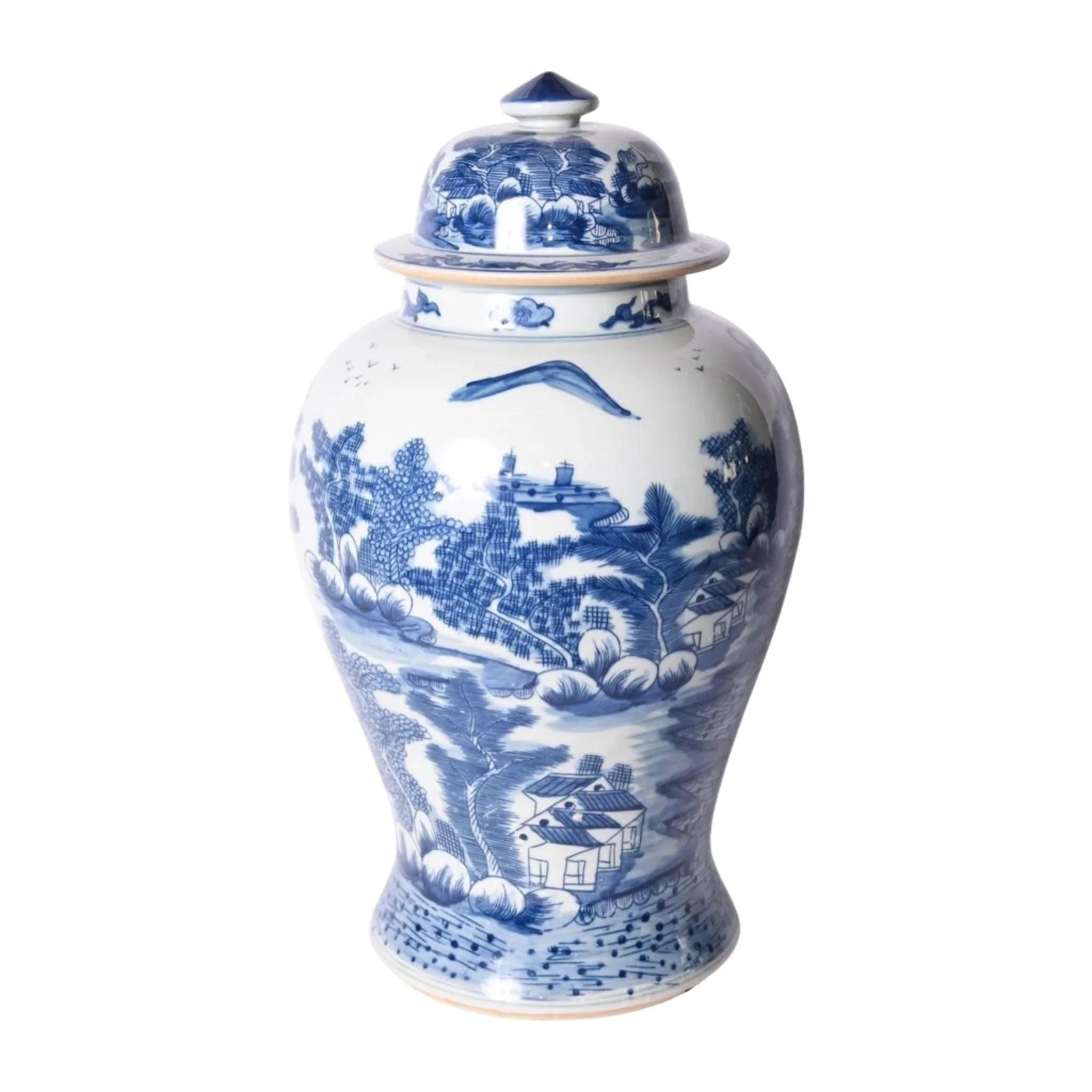 Blue and White Porcelain Ginger Jar with Hand-Painted Landscape Design - Elegant Home Decor for Living Room, Bedroom & Office