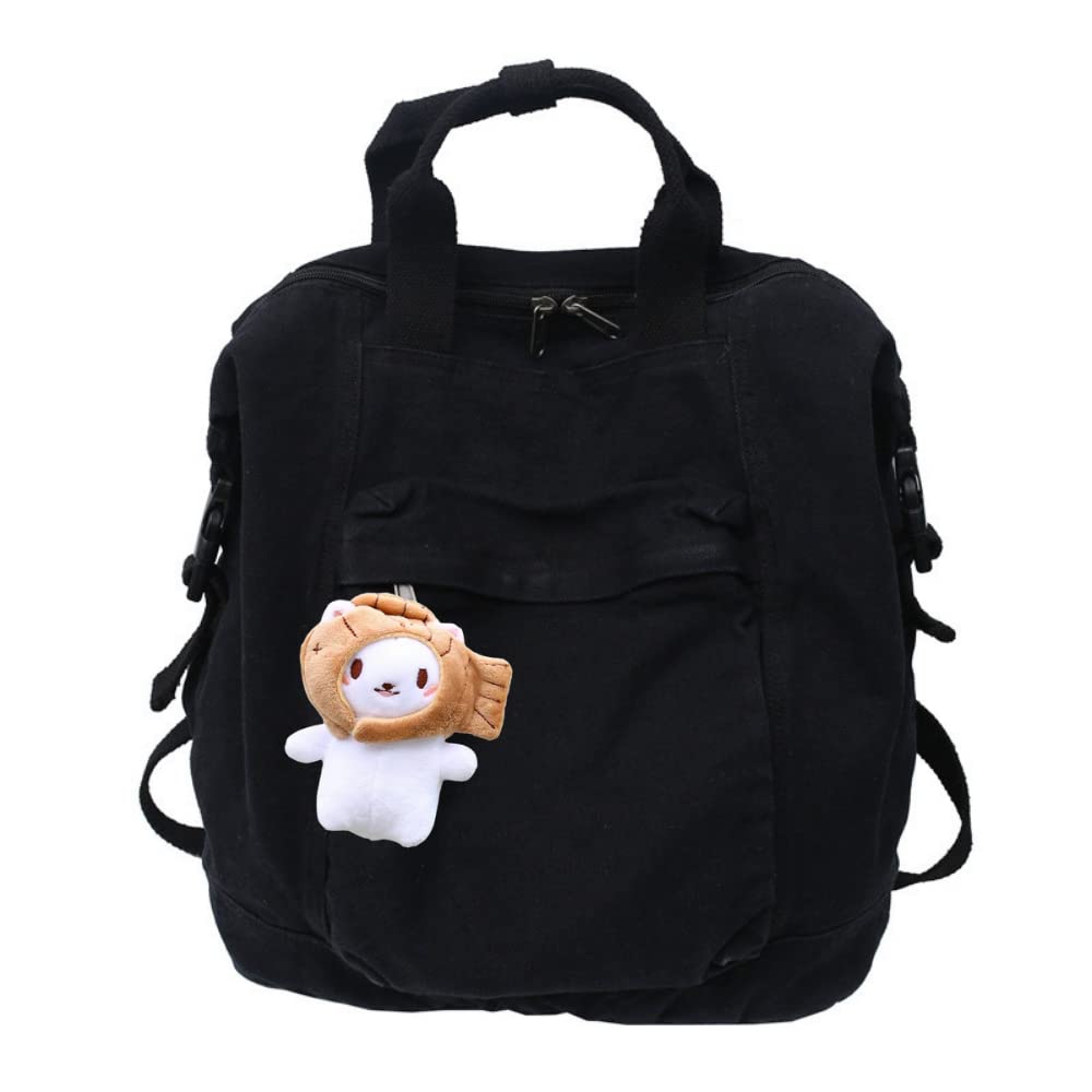 Stylish Vintage Canvas Backpack for Teen Girls - American Aesthetic School Backpack with Plush Keychain (Black) | Perfect for High School, College, Travel & Everyday Use