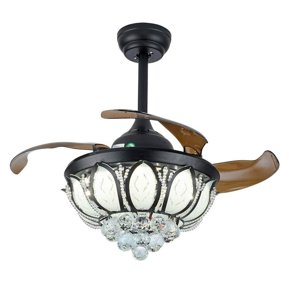 42 Inch Remote Control Crystal Ceiling Fan with Light - Adjustable Height Chandelier Fan with Crystal Lamp Shade & 4 Retractable Blades - 3-Speed Tricolor Dimmable LED Light for Bedroom, Living Room, Dining Room and Office