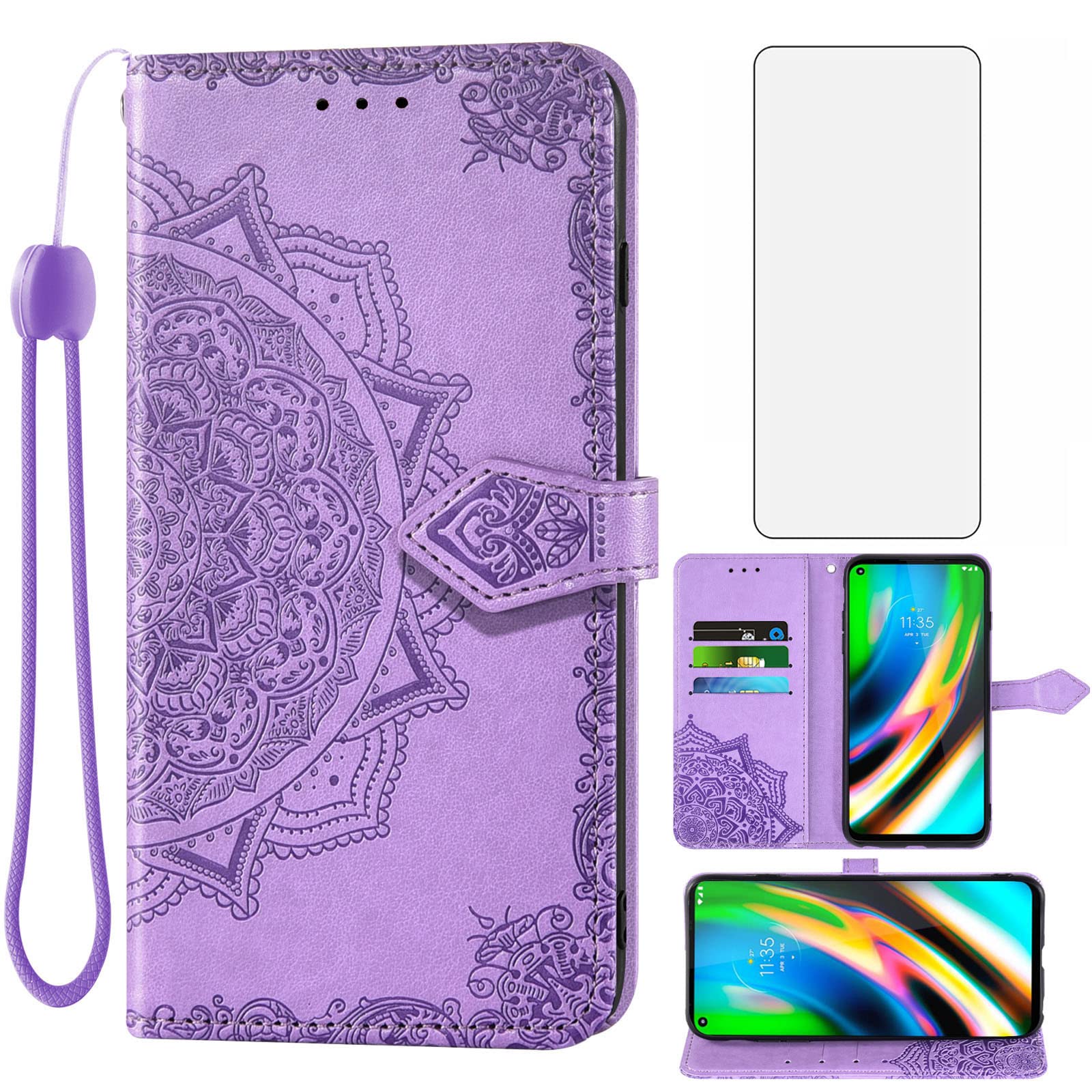 Premium Leather Wallet Case with Tempered Glass Screen Protector for Moto G9 Plus - Flip Cover with Credit Card Holder & Stand Function - Stylish Purple Phone Case for Women - Perfect for Work, Travel & Daily Use