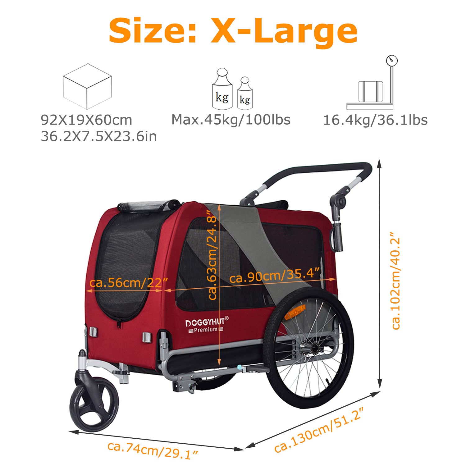 DOGGYHUT® Premium Large/XL Pet Bike Trailer & Stroller for Dogs - Heavy Duty Bicycle Carrier for Large Breed or Multiple Small Dogs with Low Center Gravity, Parking Brakes & Easy Fold Frame - Perfect for Cycling, Jogging, Park Visits & Outdoor Adventures