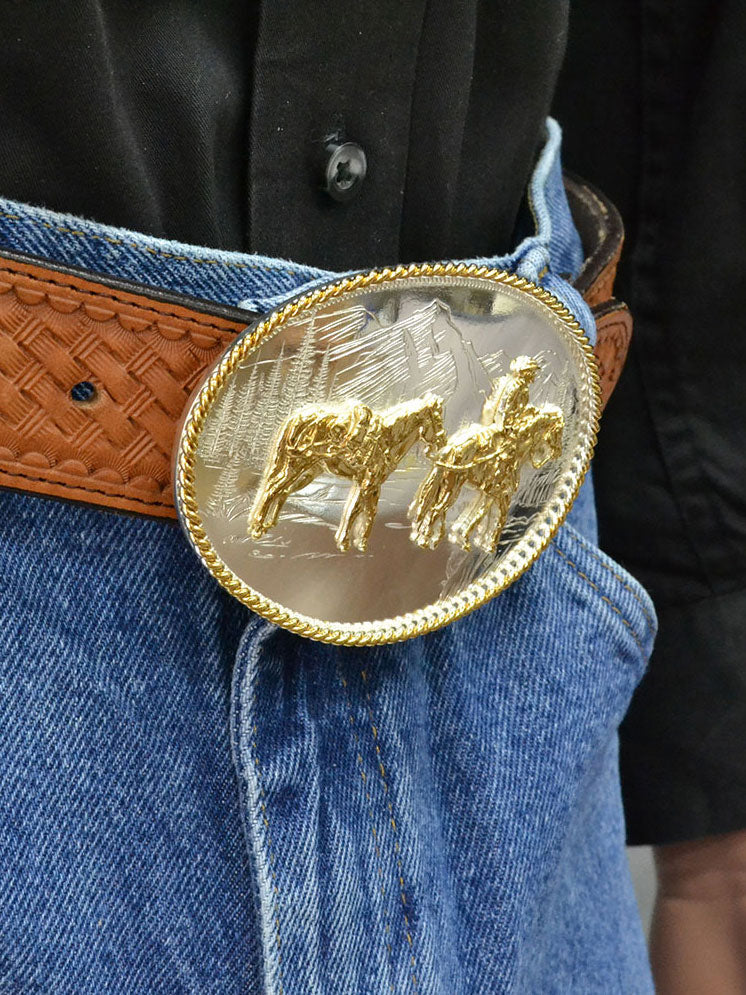 Montana Silversmiths 6250 35 Etched Mountains Western Belt Buckle - Pack Horse and Rider Silver Plated Buckle for Cowboy Boots, Jeans & Western Fashion Accessories
